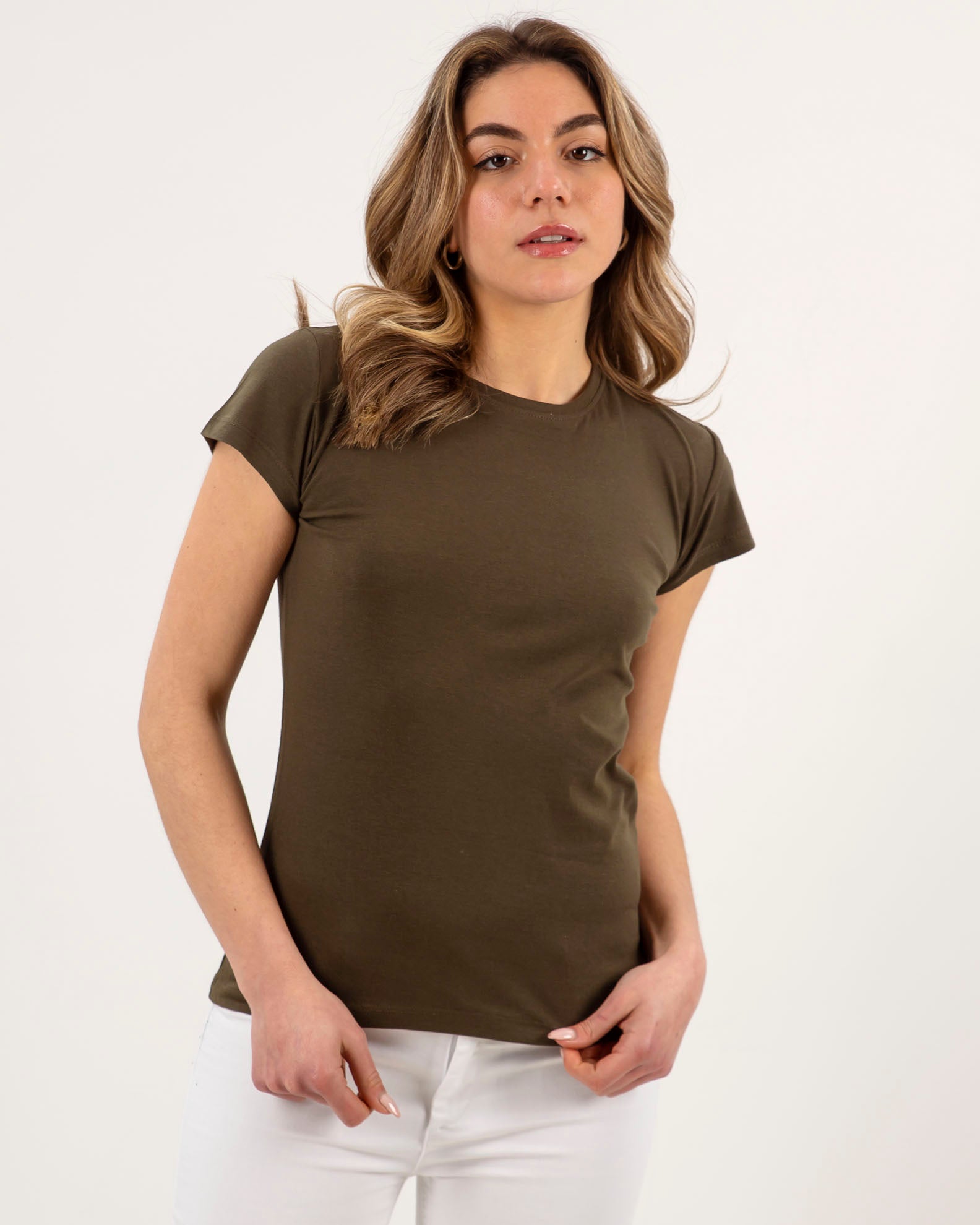 Women's basic short-sleeved blouse 'Alexa'-KHAKI