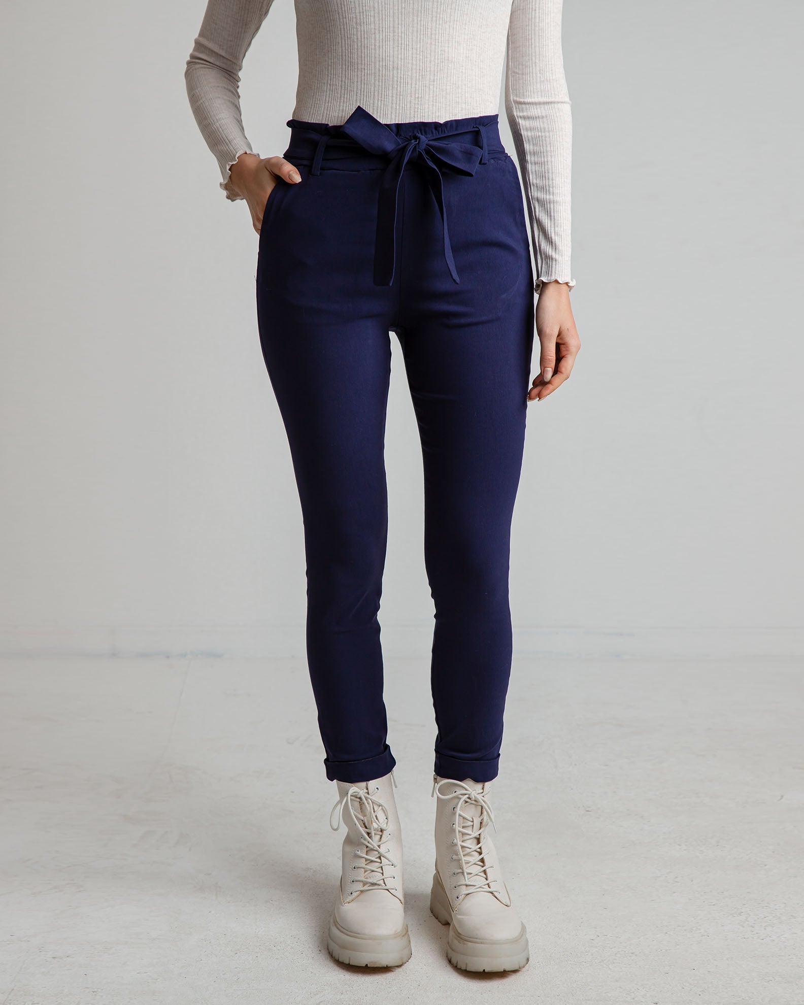 Women's High-Waist Paperbag Pants 'Acilia'-NAVY