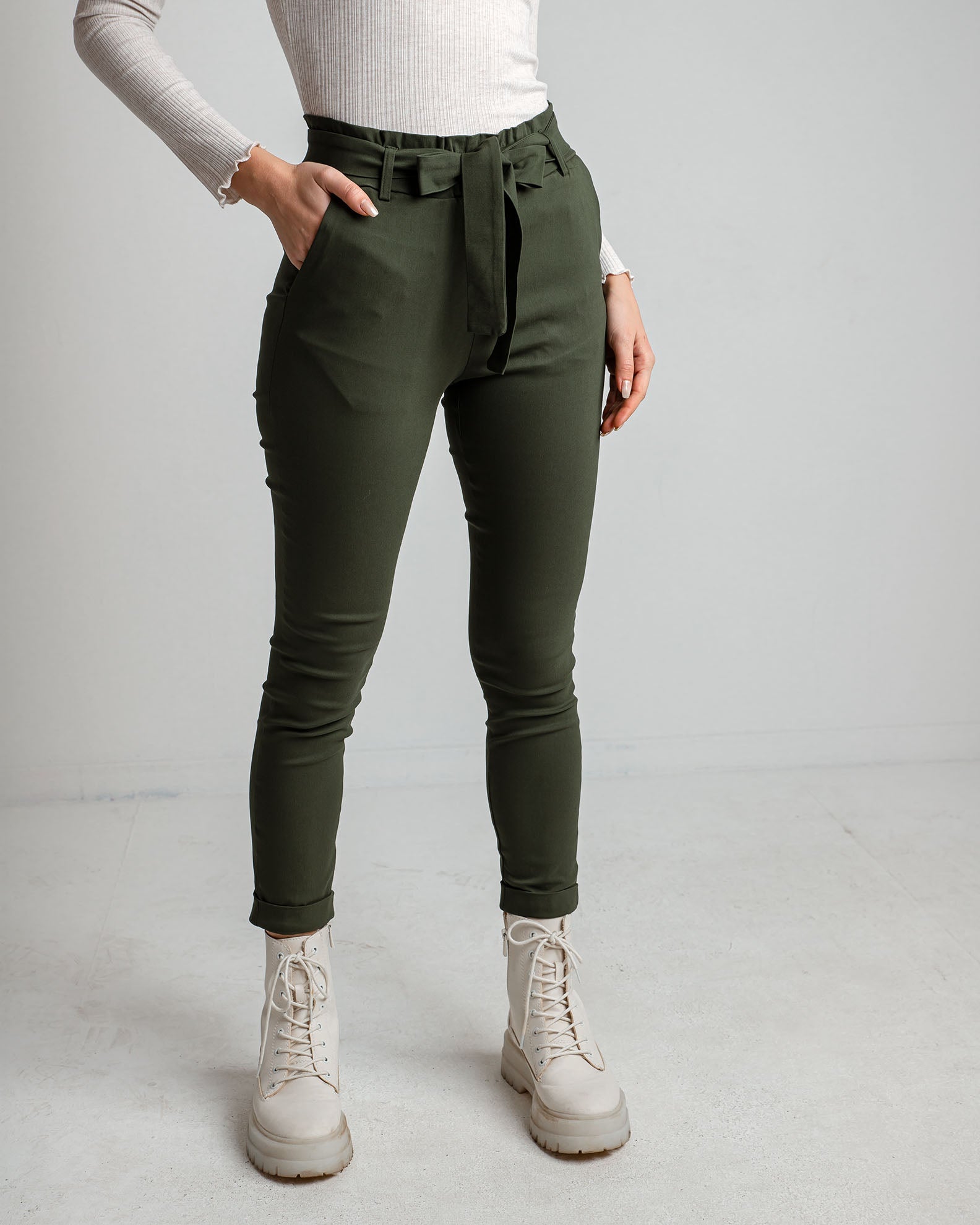 Women's High-Waist Paperbag Pants 'Acilia'-KHAKI