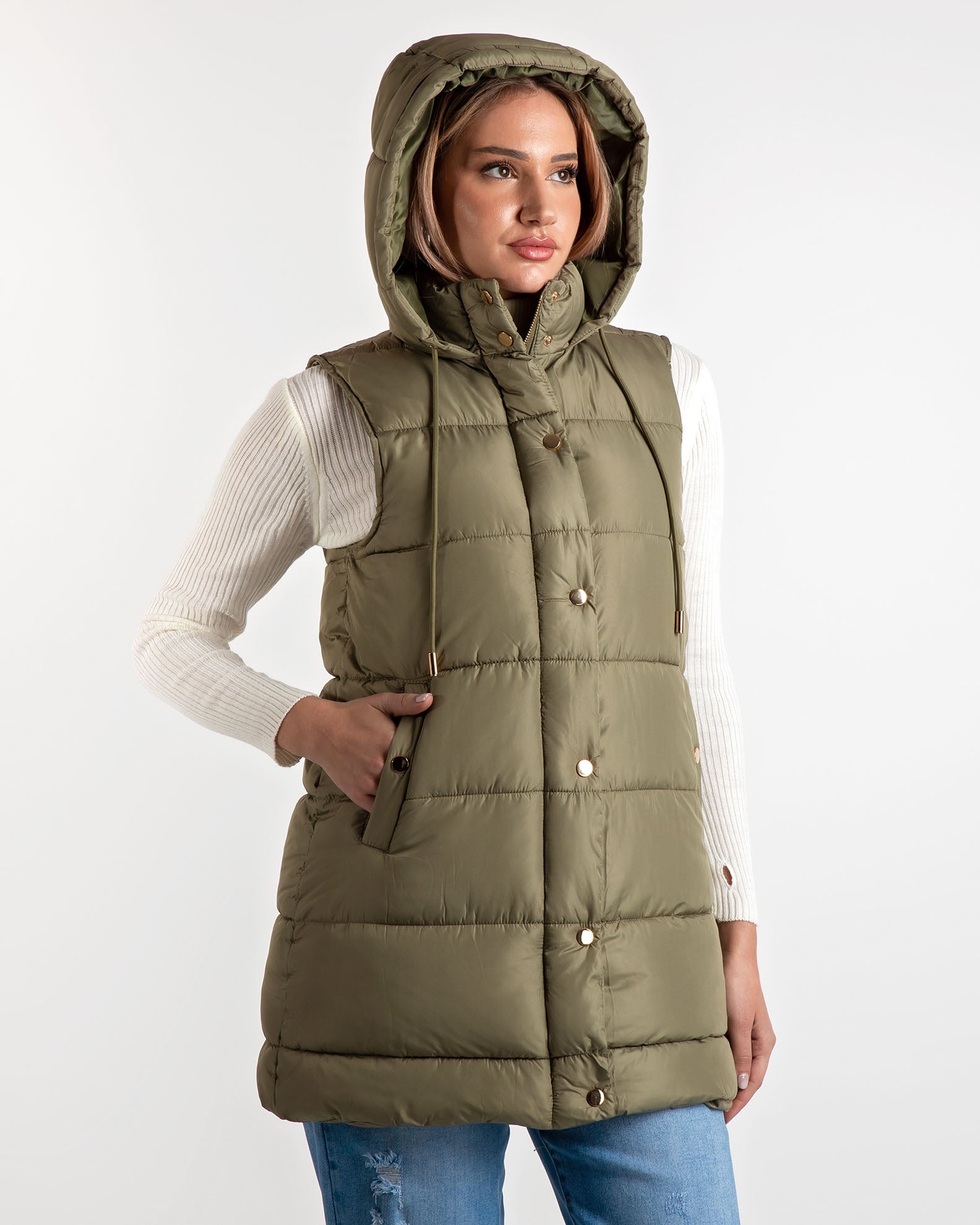 Yolanda Women's Sleeveless Jacket-Vest Long -KHAKI