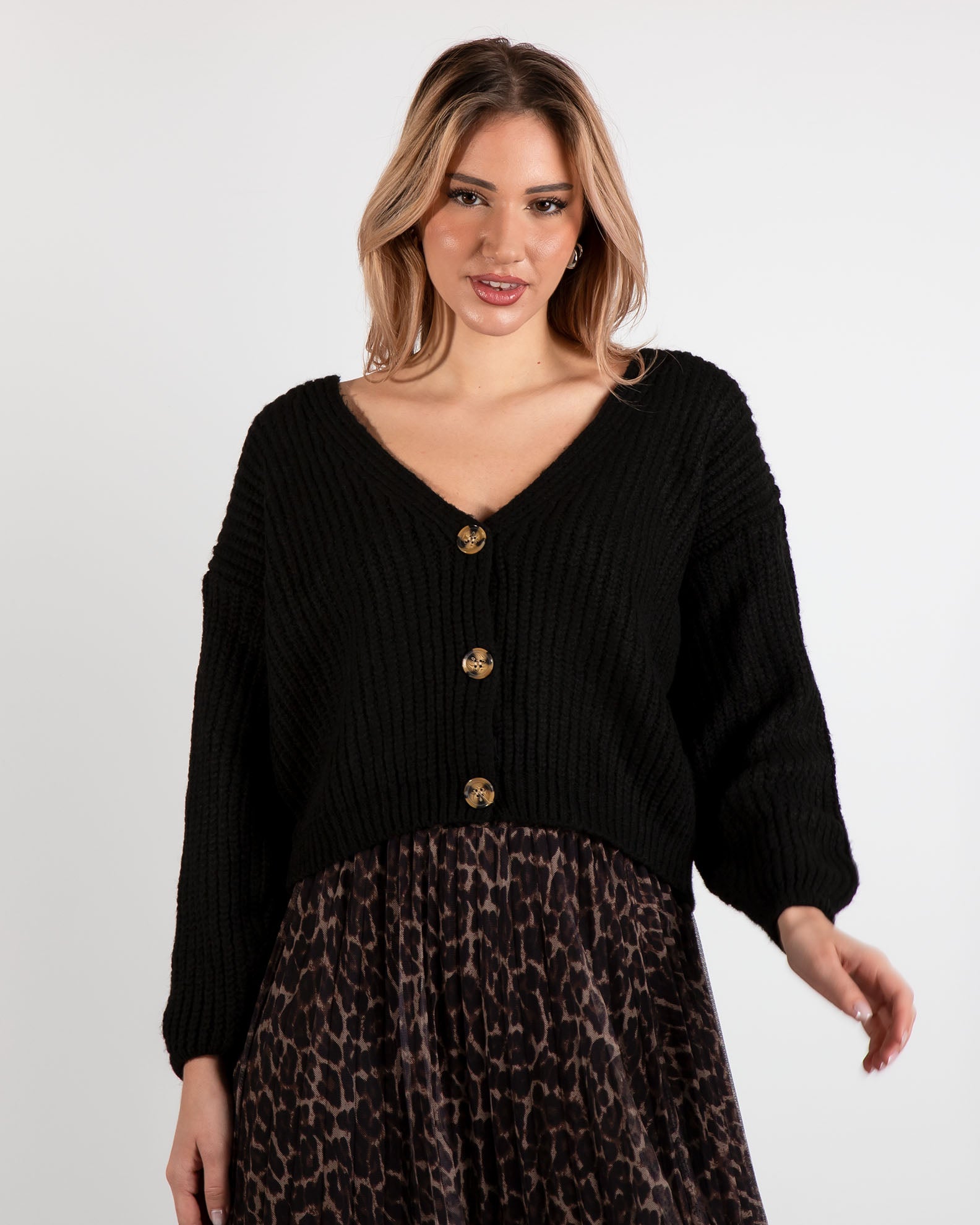 Women's Cardigan with Buttons-BLACK