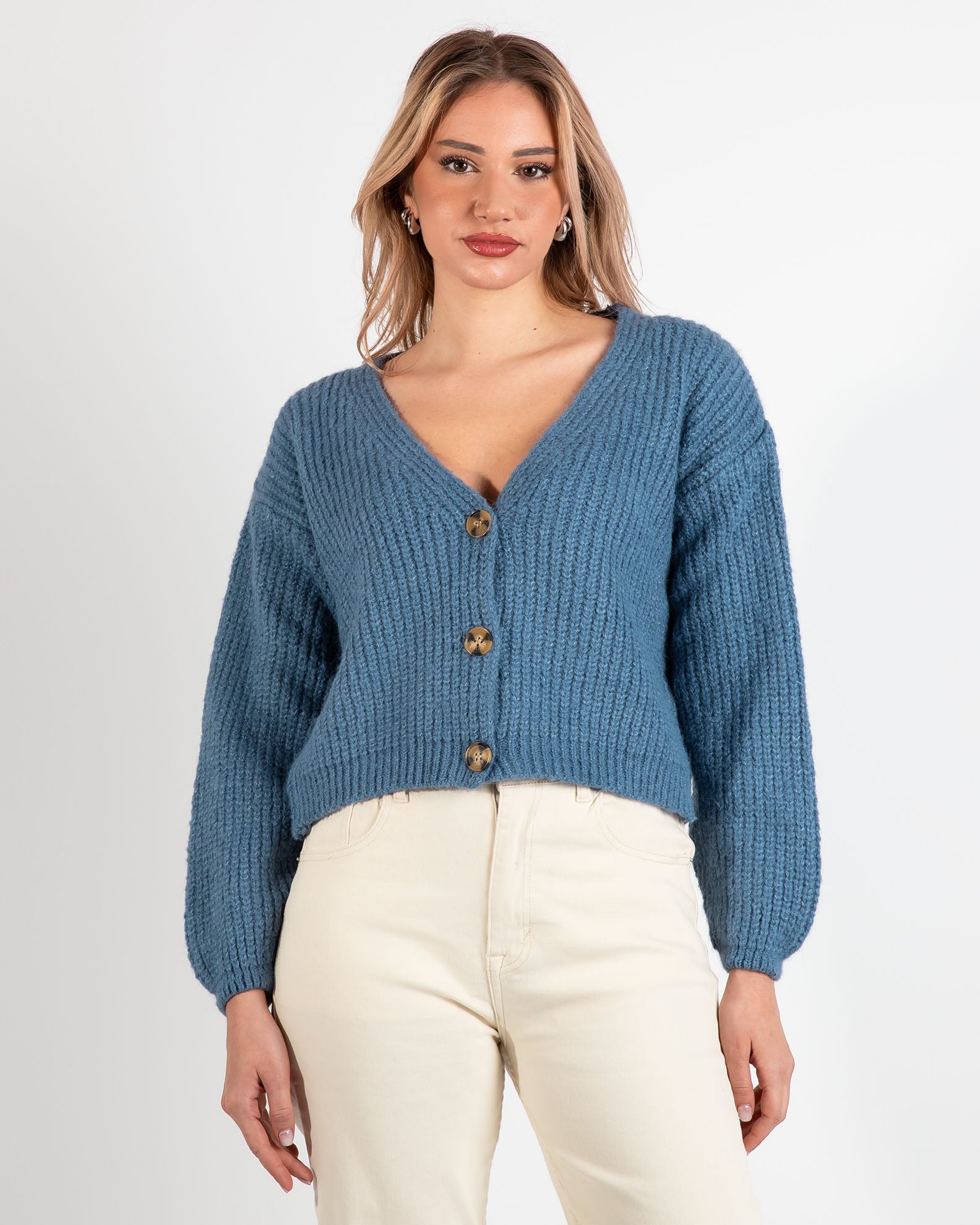 Women's Cardigan with Buttons-BLUE DENIM