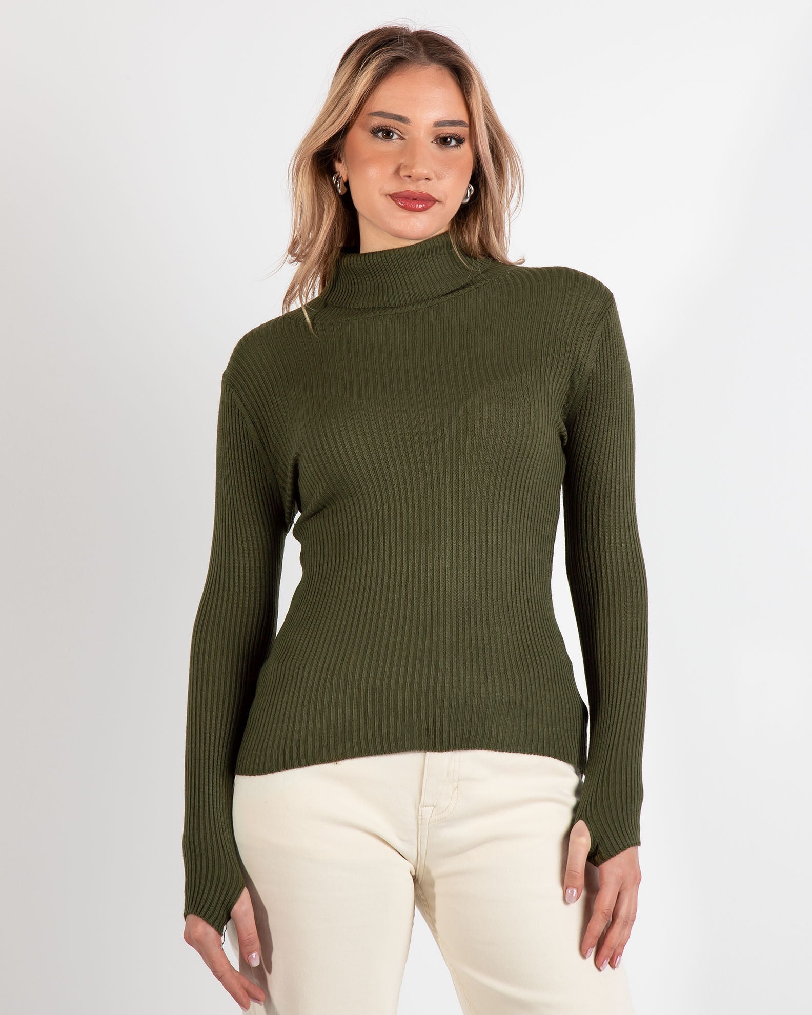 Women's pullover with stand-up collar-KHAKI