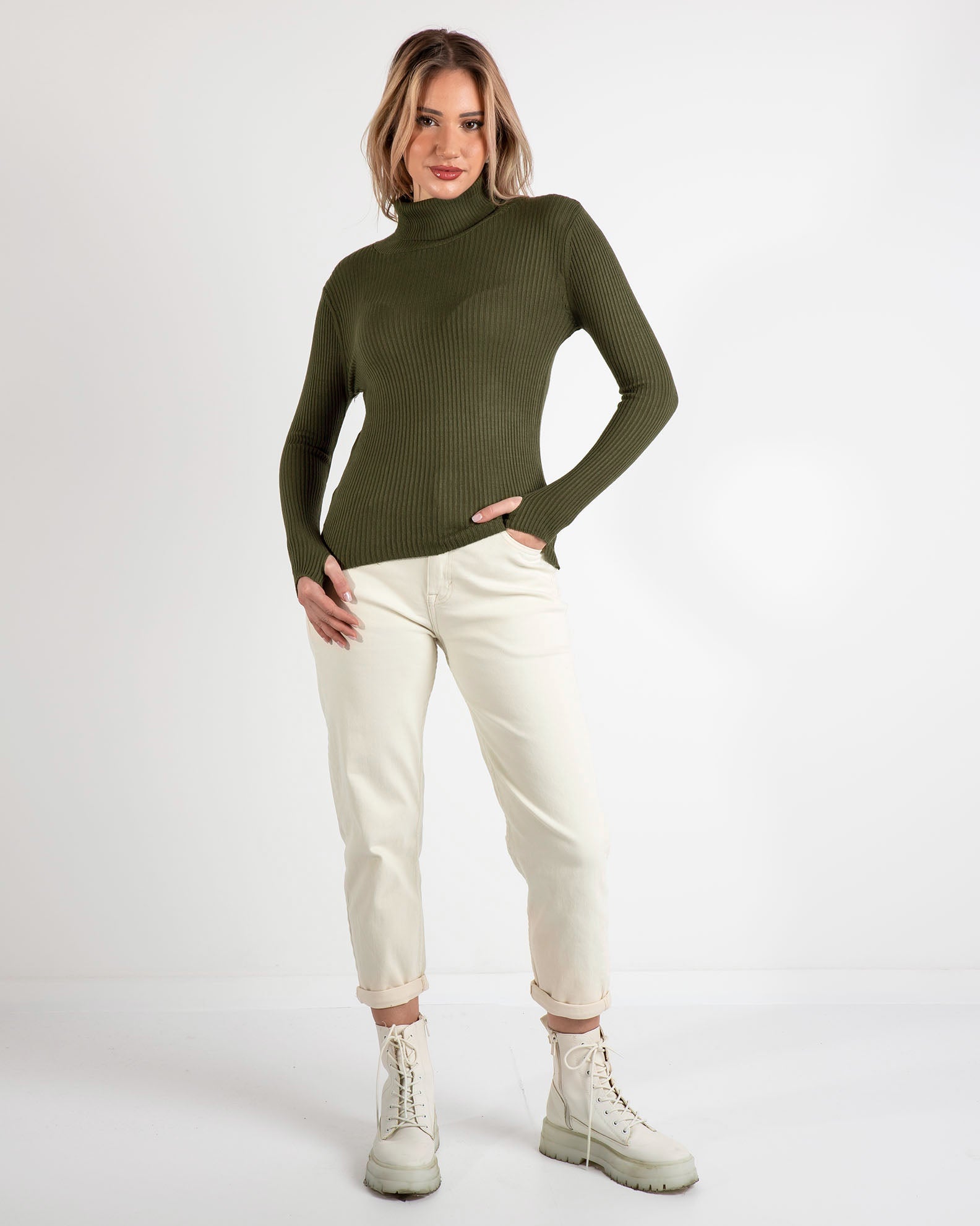 Women's pullover with stand-up collar-KHAKI