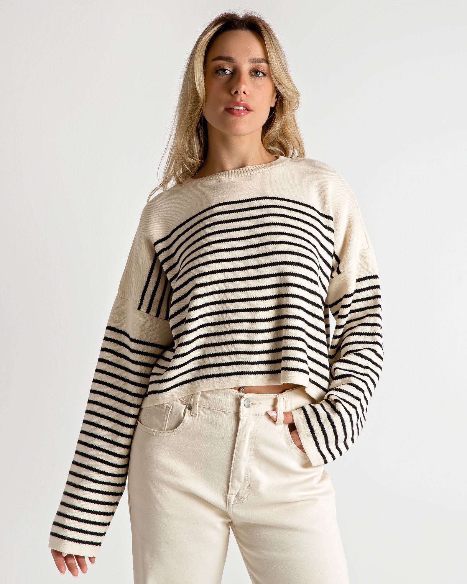 Women's knitted striped-CREME