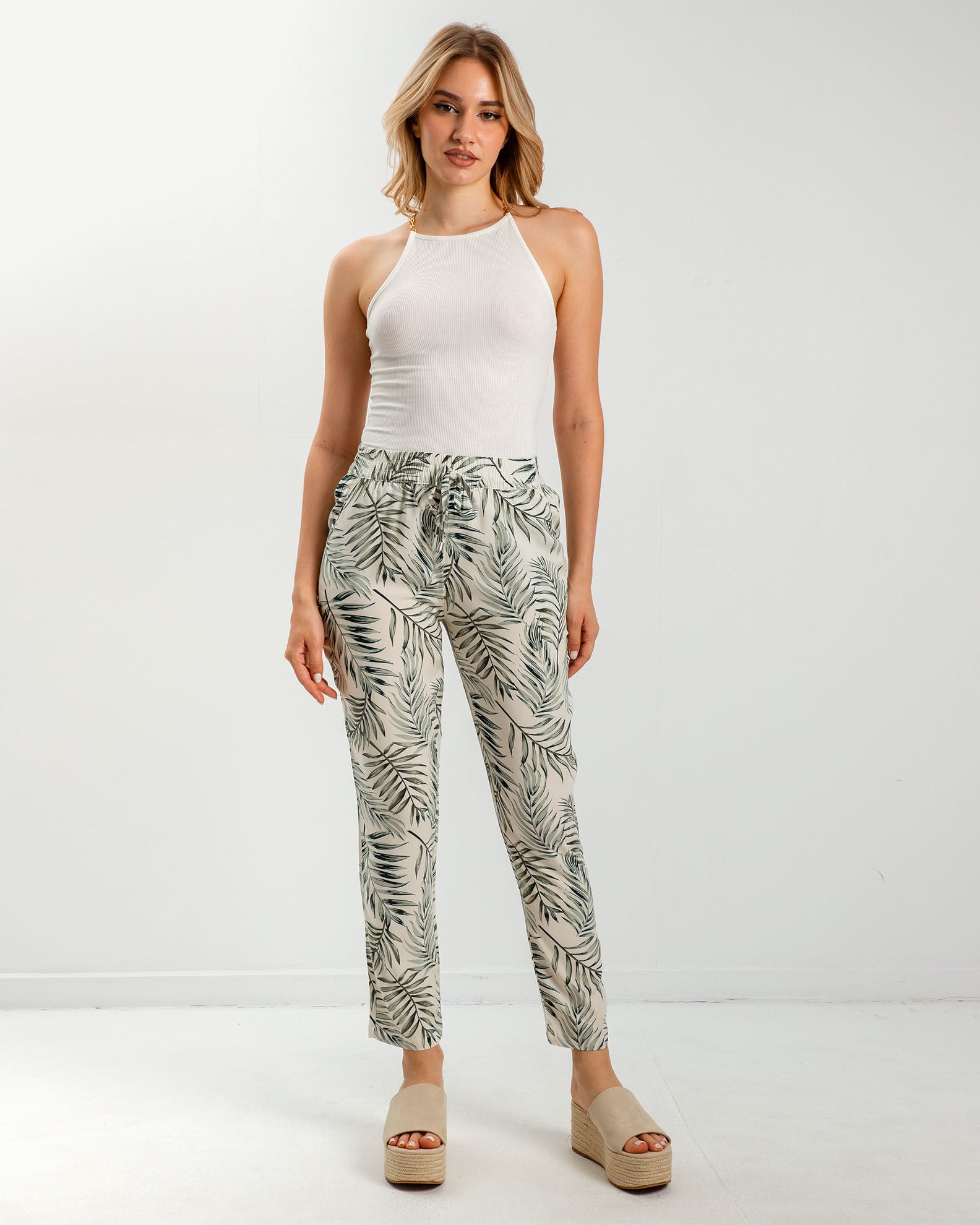 Women's Printed Pants 'Ri44cky'-offwhite palm