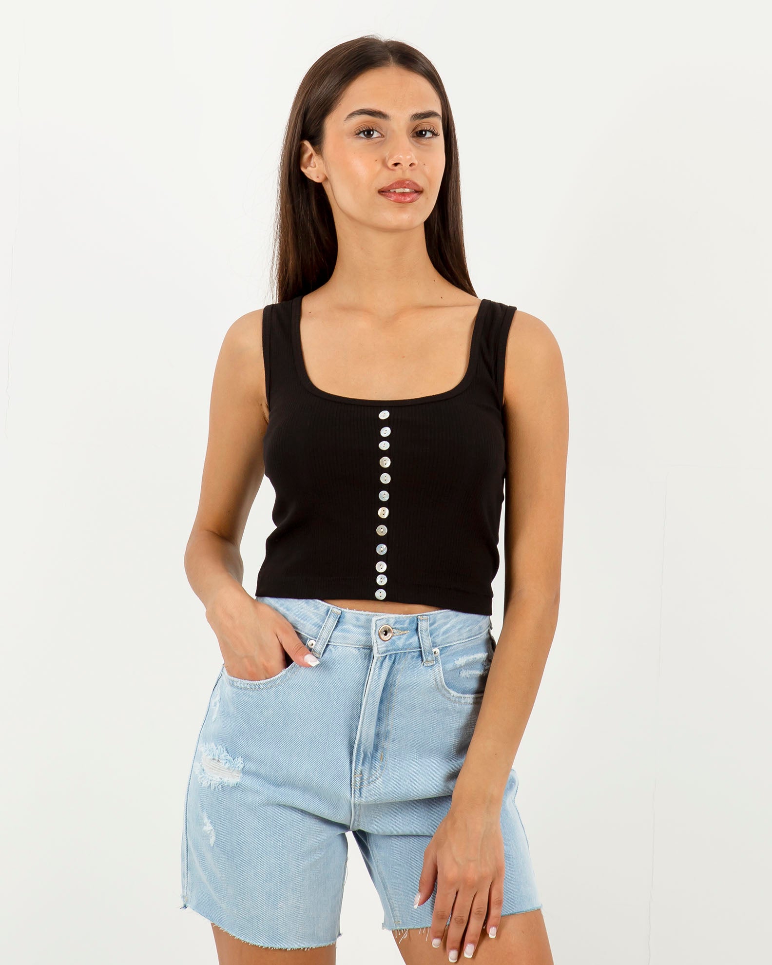 Women's crop top with buttons 'Ivonne'-BLACK