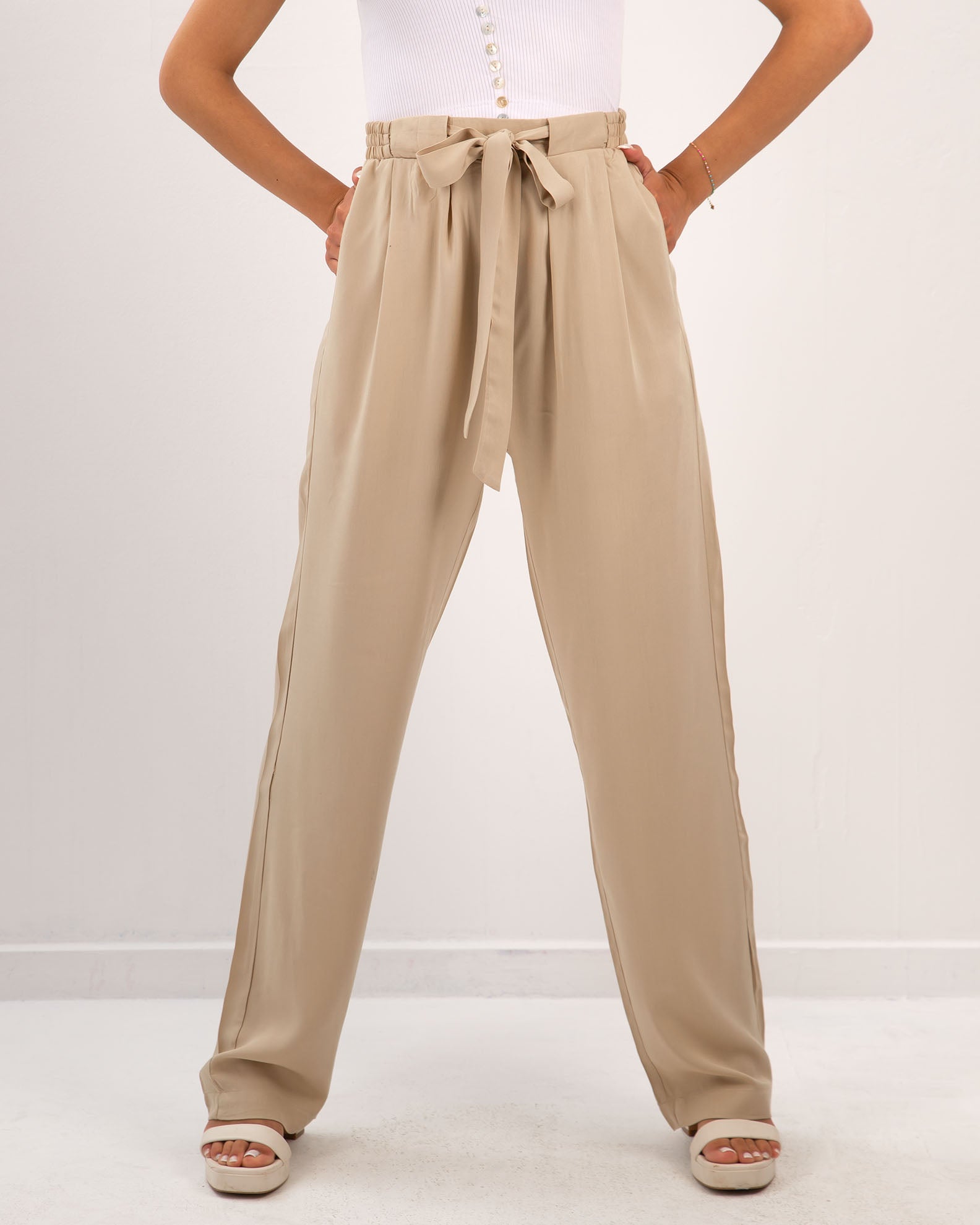 Women's pants "Amalia" with elastic waist-BEIGE