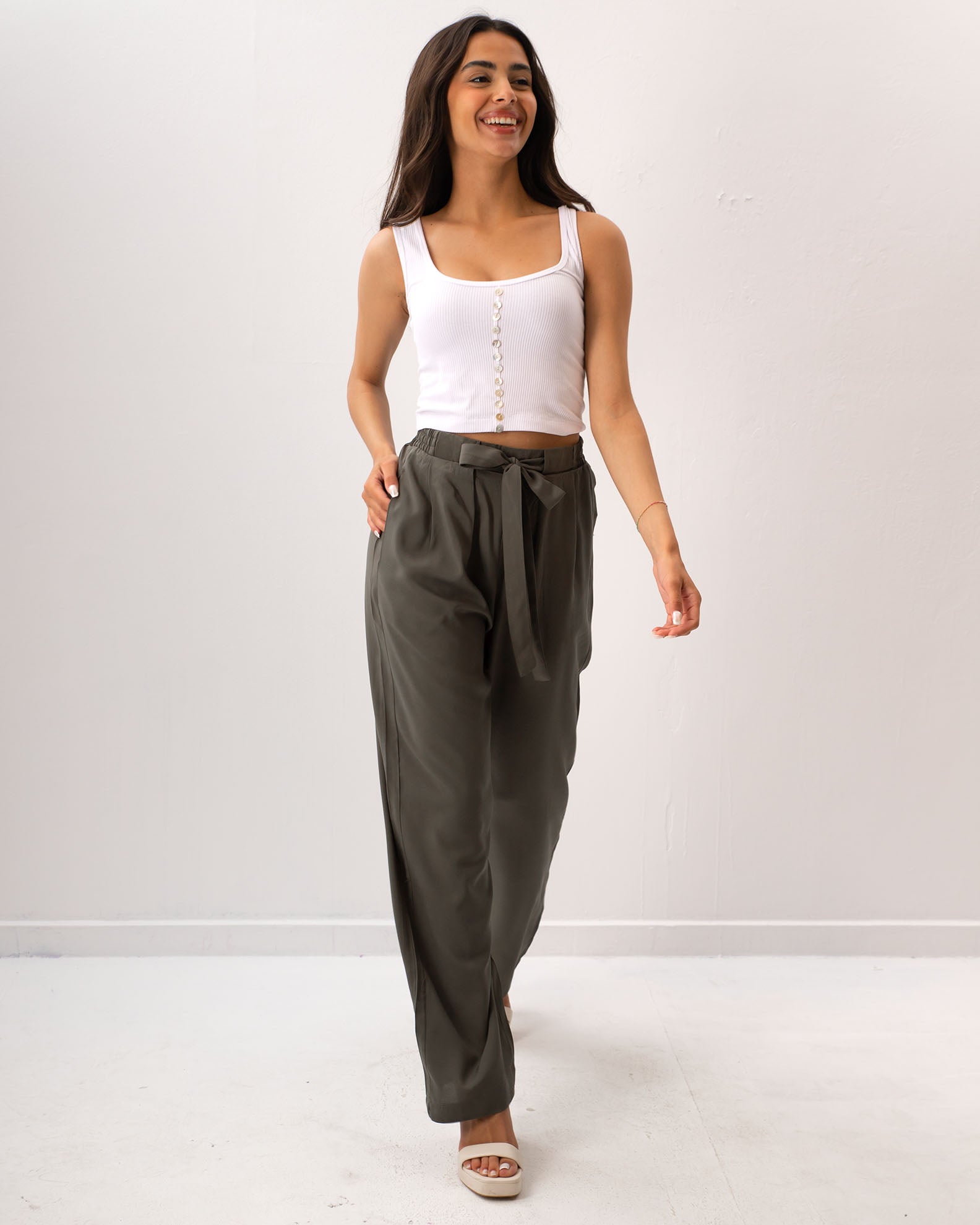 Women's pants "Amalia" with elastic waist-KHAKI