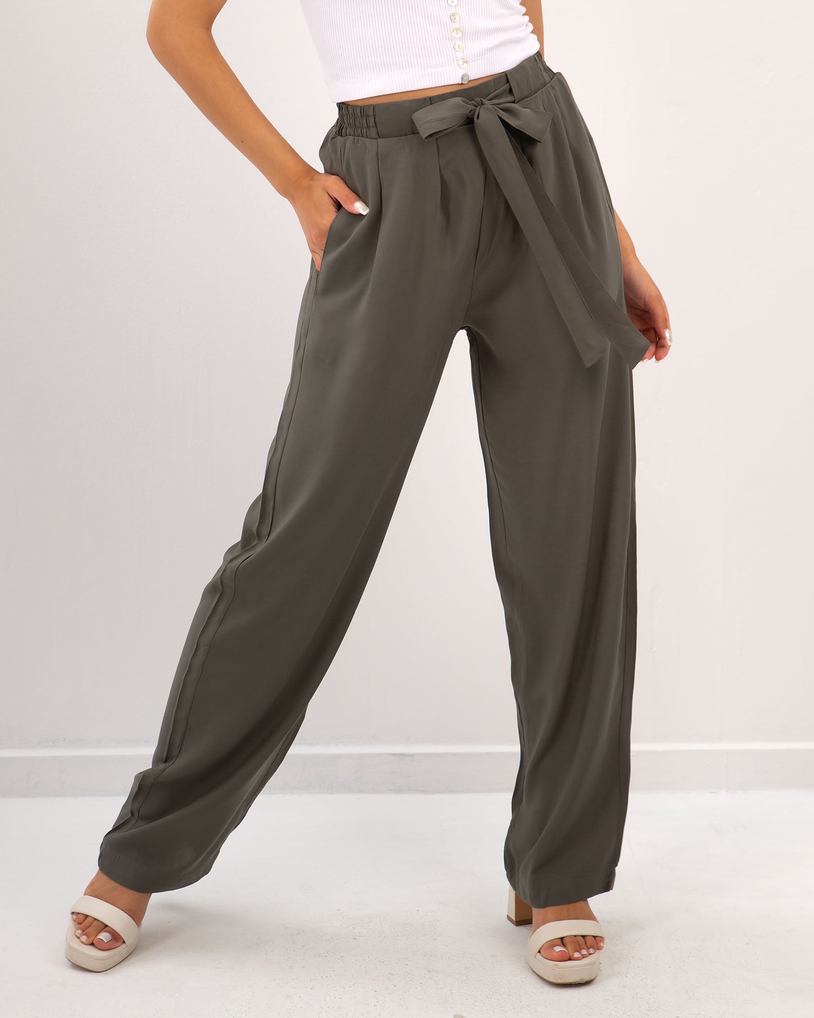 Women's pants "Amalia" with elastic waist-KHAKI