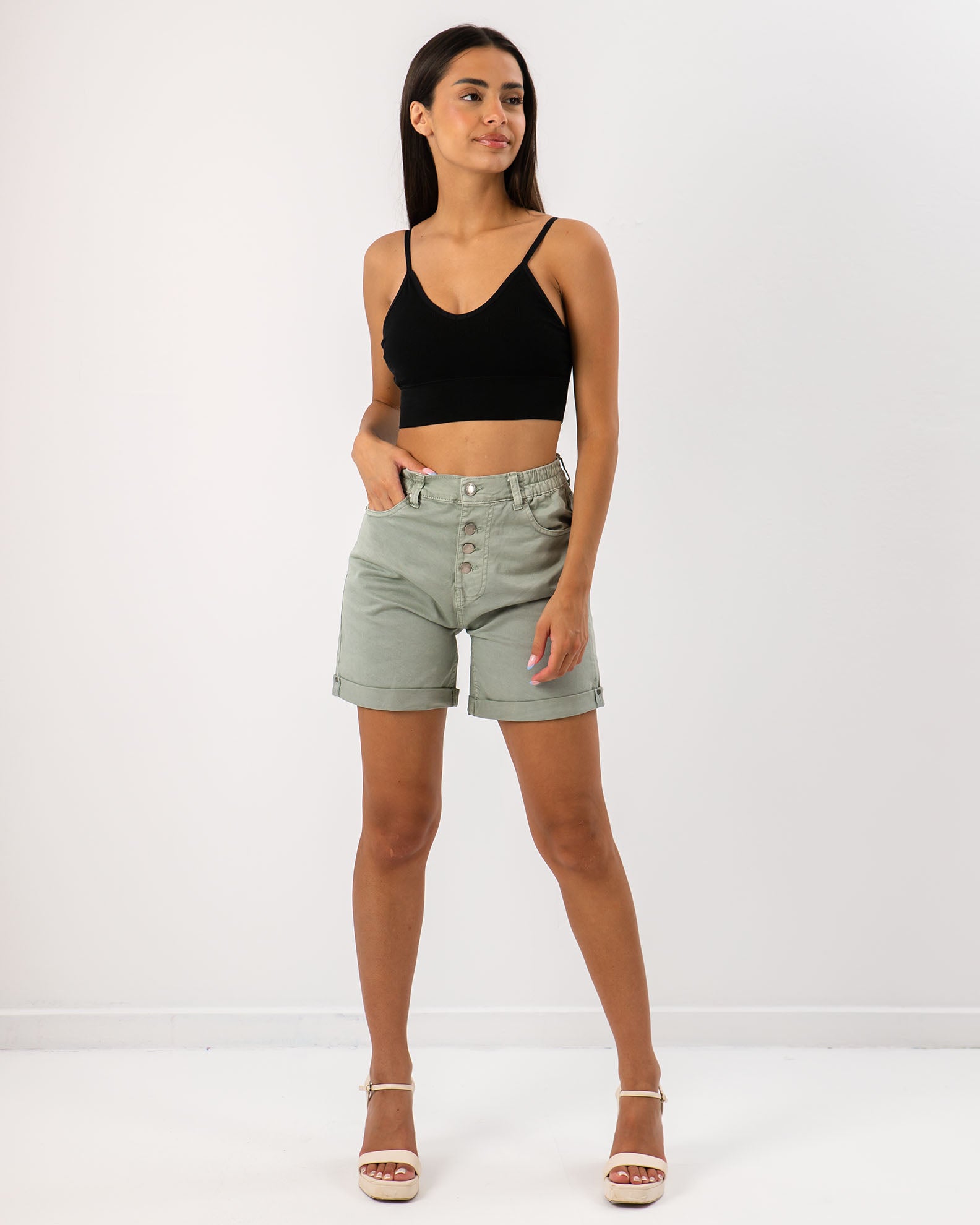 Women's Denim Bermuda with Elastic Waist 'Luay'-GREEN