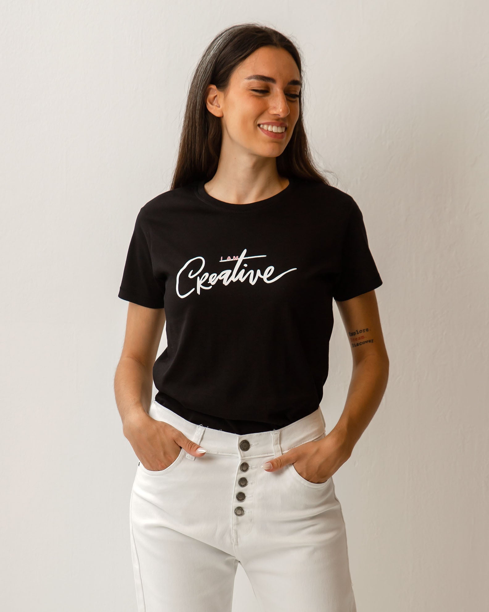 Women's Short-Sleeve Blouse with 'I am creative' Print-BLACK