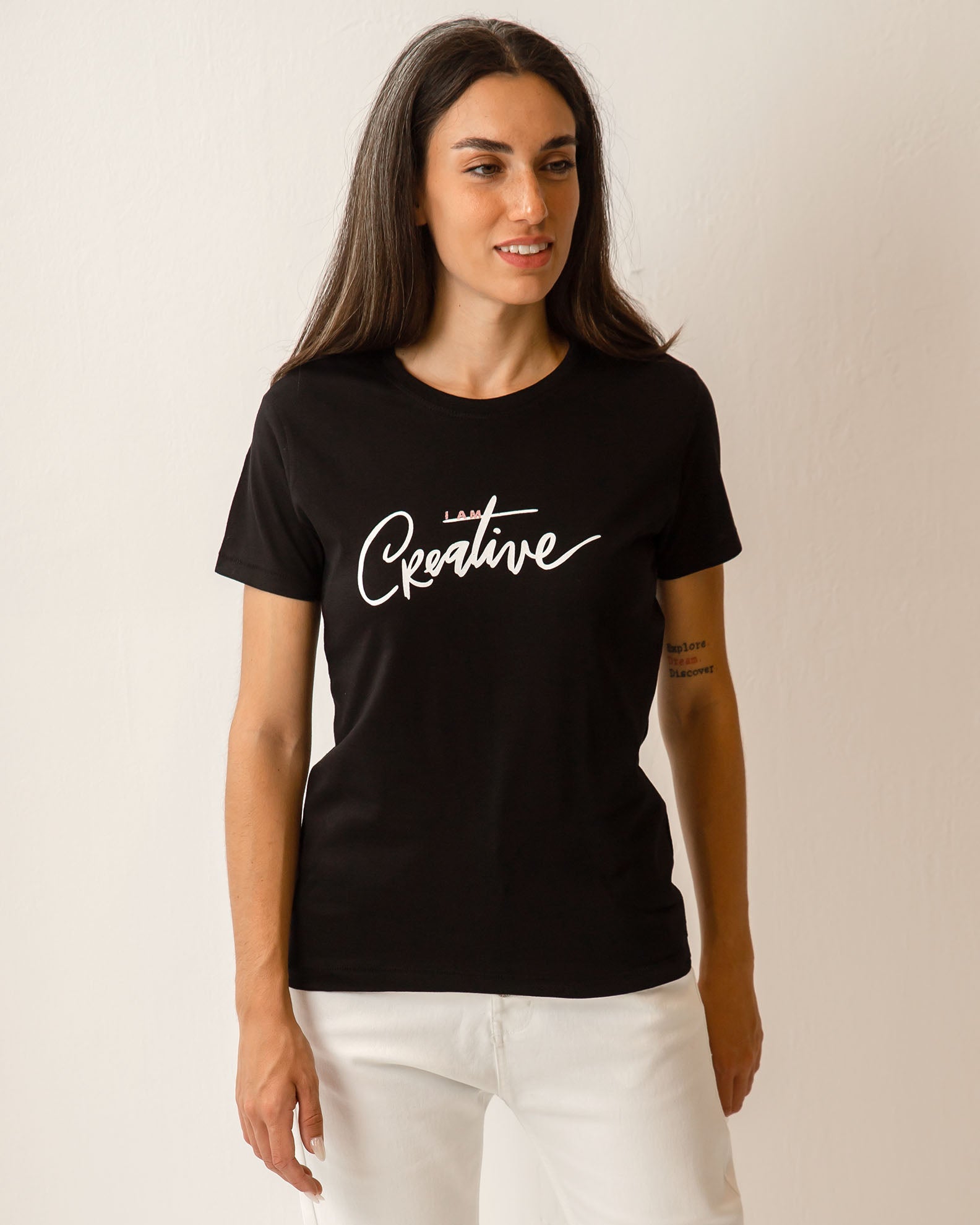 Women's Short-Sleeve Blouse with 'I am creative' Print-BLACK