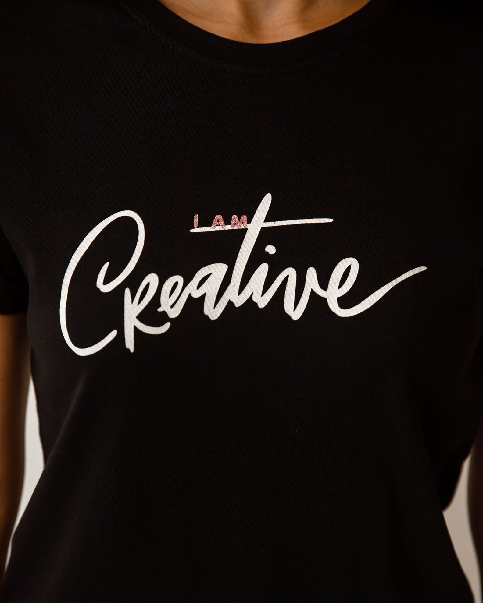 Women's Short-Sleeve Blouse with 'I am creative' Print-BLACK