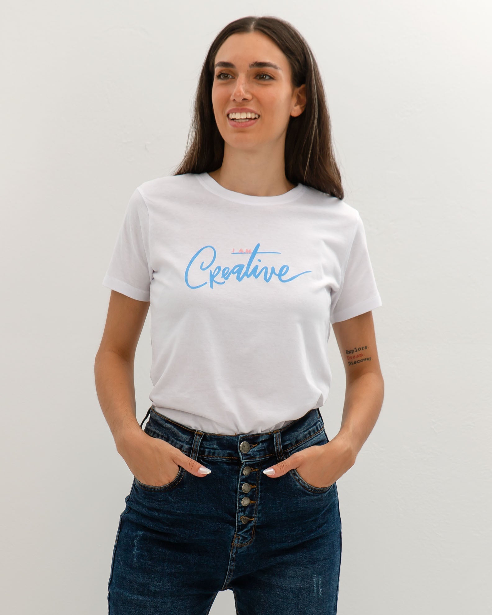 Women's Short-Sleeve Blouse with 'I am creative' Print-WHITE