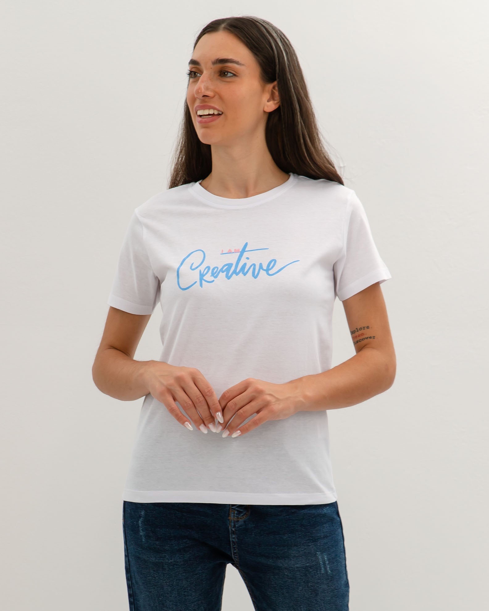 Women's Short-Sleeve Blouse with 'I am creative' Print-WHITE