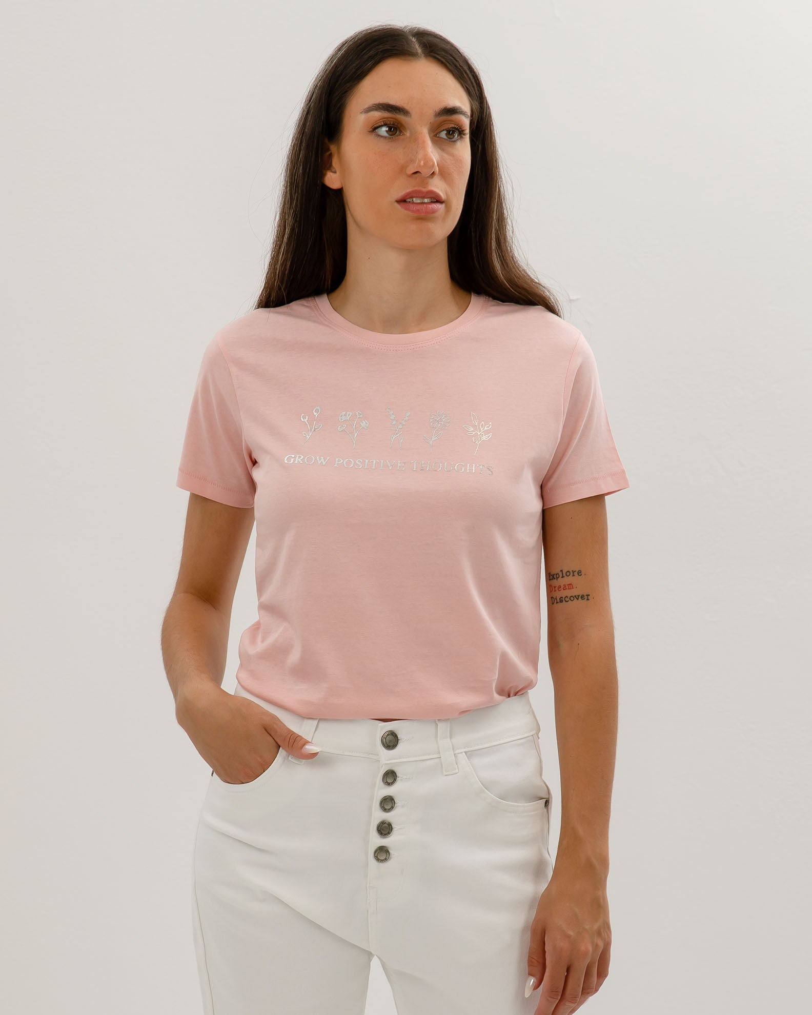 Women's Short-Sleeve Blouse with 'Grow positive thoughts' Print-PINK