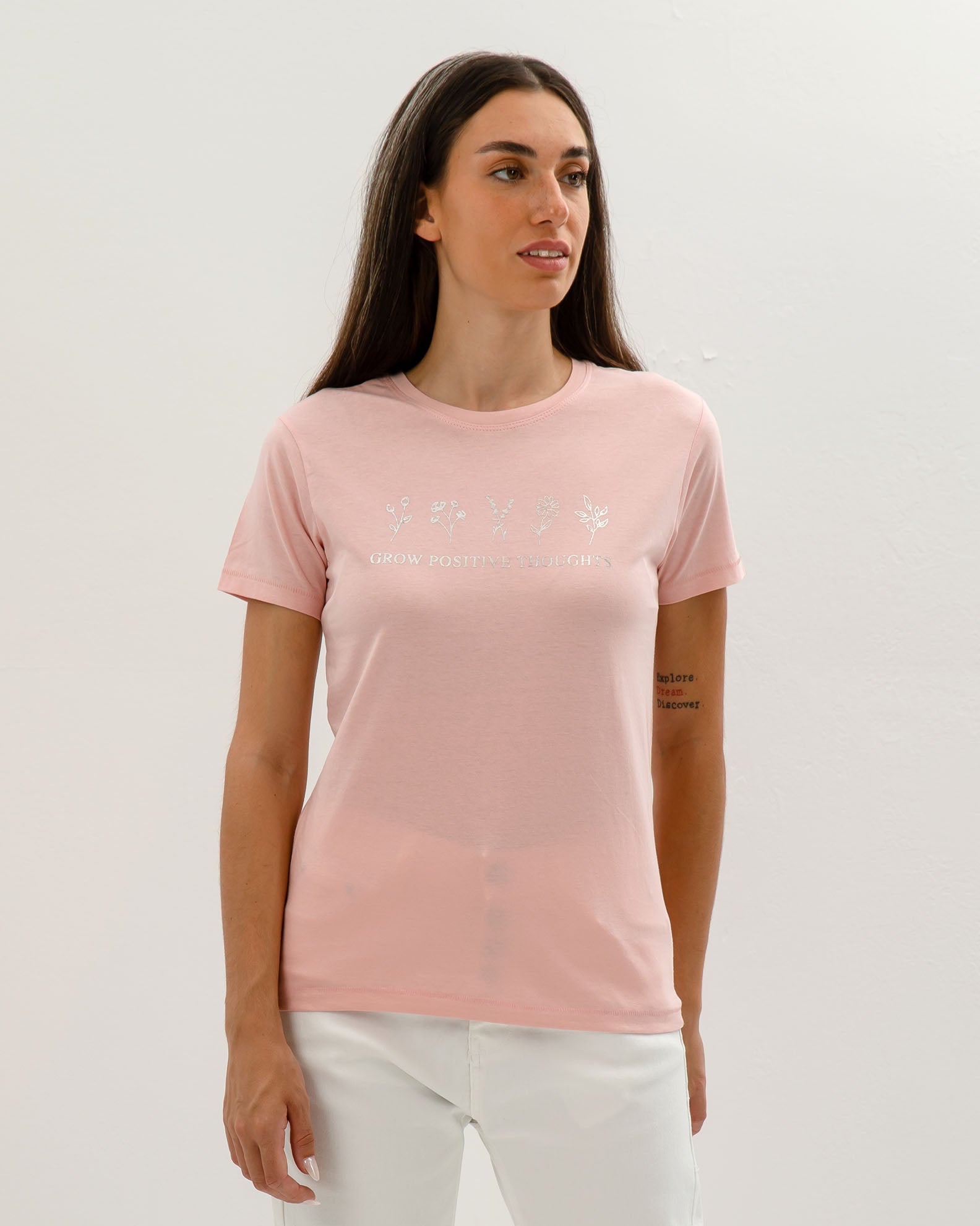 Women's Short-Sleeve Blouse with 'Grow positive thoughts' Print-PINK