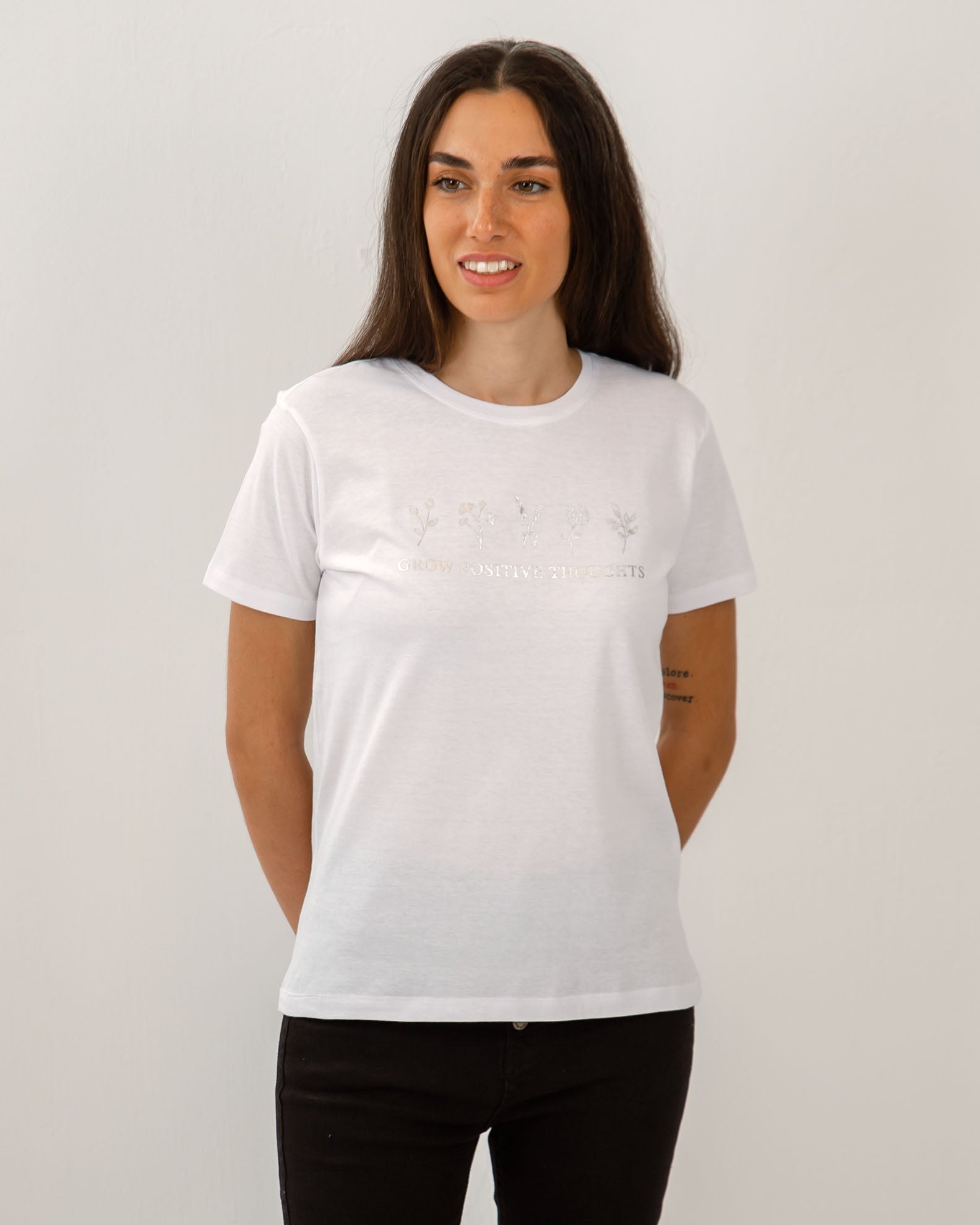 Women's Short-Sleeve Blouse with 'Grow positive thoughts' Print-WHITE