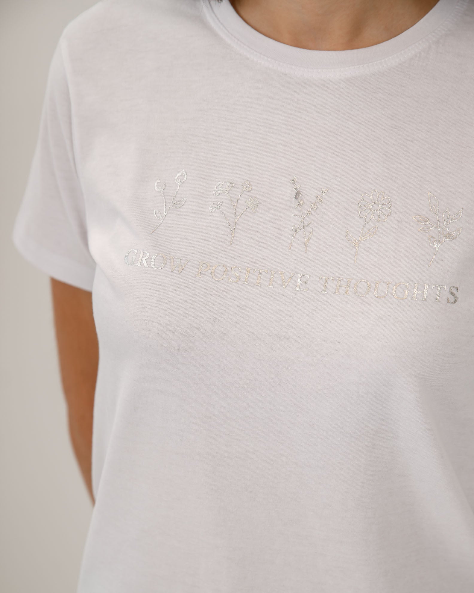 Women's Short-Sleeve Blouse with 'Grow positive thoughts' Print-WHITE