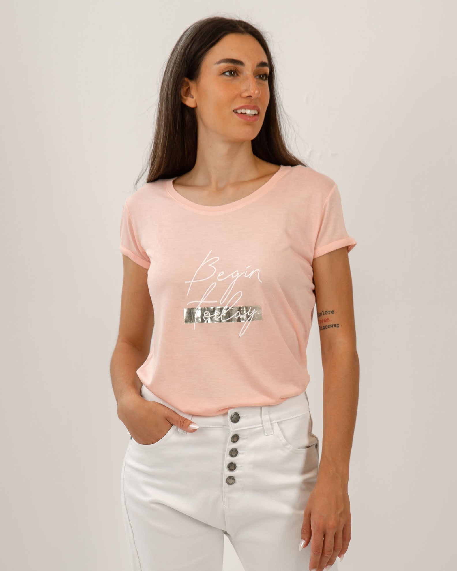 Women's Short-Sleeve Blouse with Print 'Begin today'-PINK