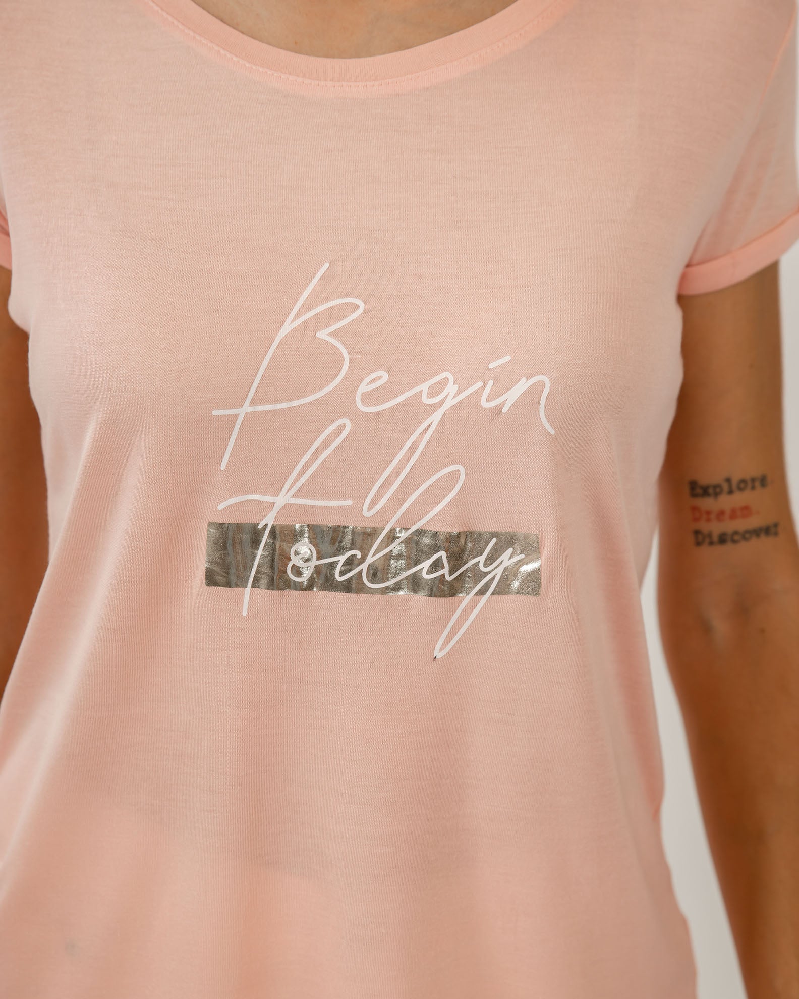 Women's Short-Sleeve Blouse with Print 'Begin today'-PINK