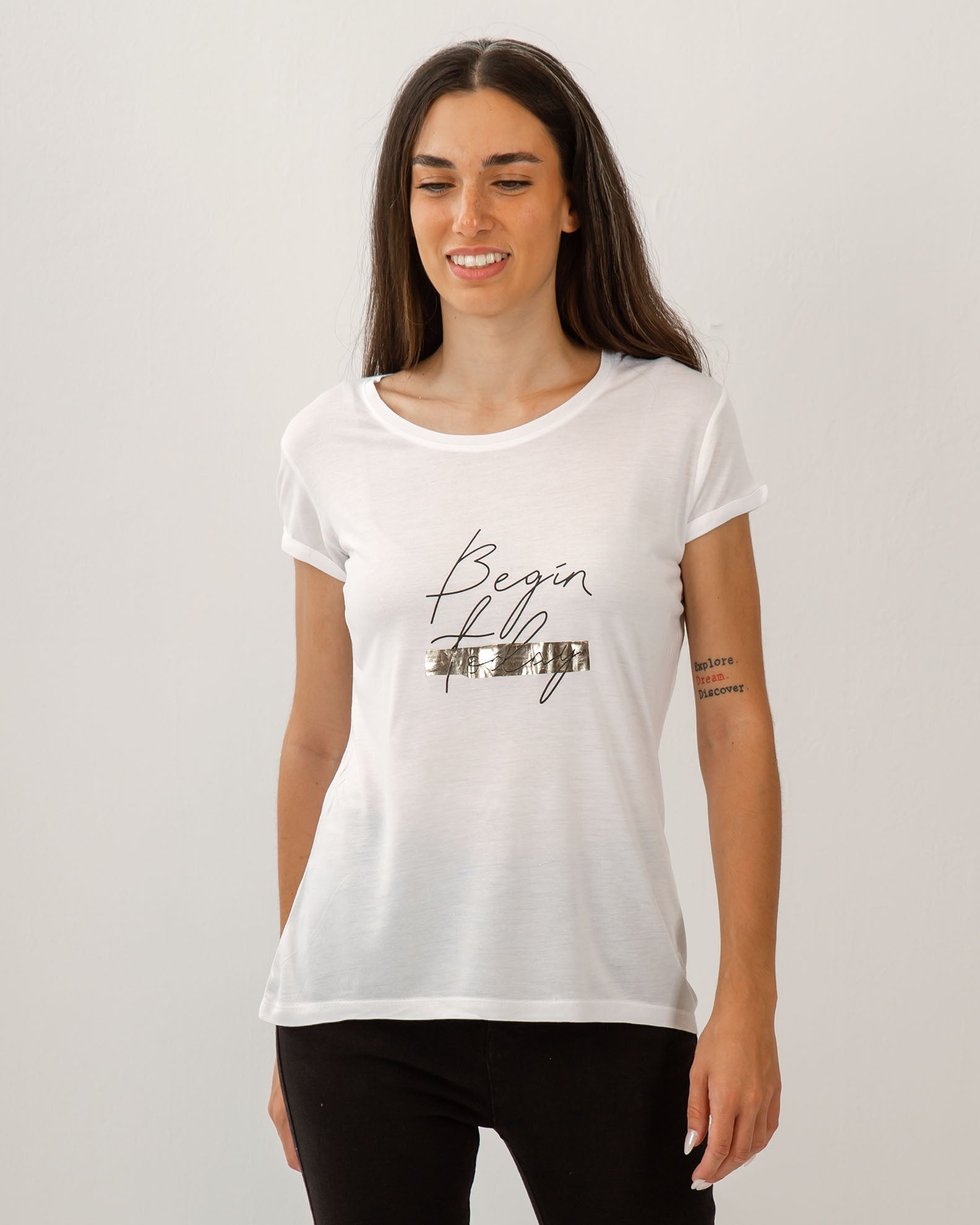 Women's Short-Sleeve Blouse with 'Begin today' Print-WHITE