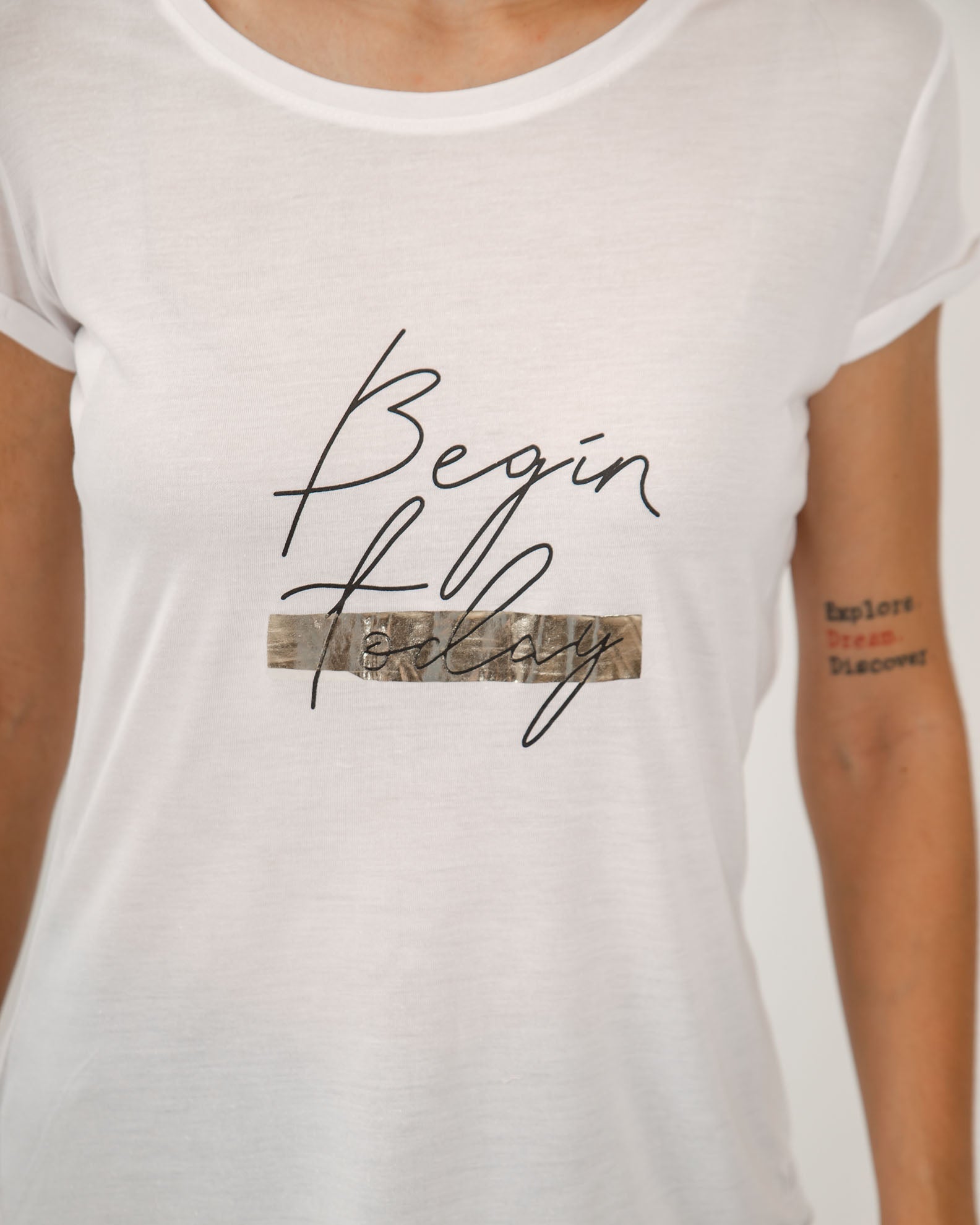 Women's Short-Sleeve Blouse with 'Begin today' Print-WHITE