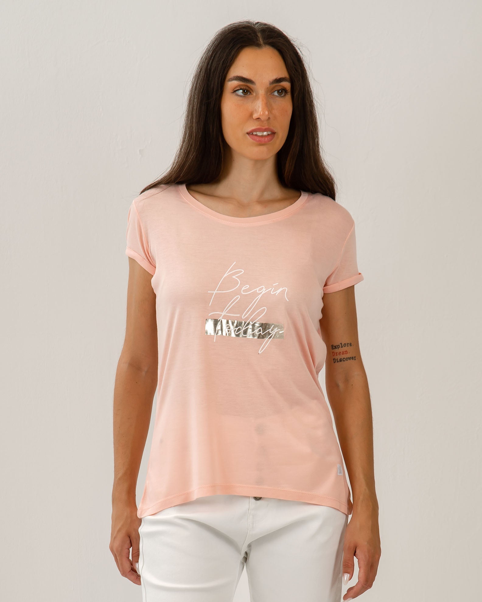 Women's Short-Sleeve Blouse with Print 'Begin today'-PINK