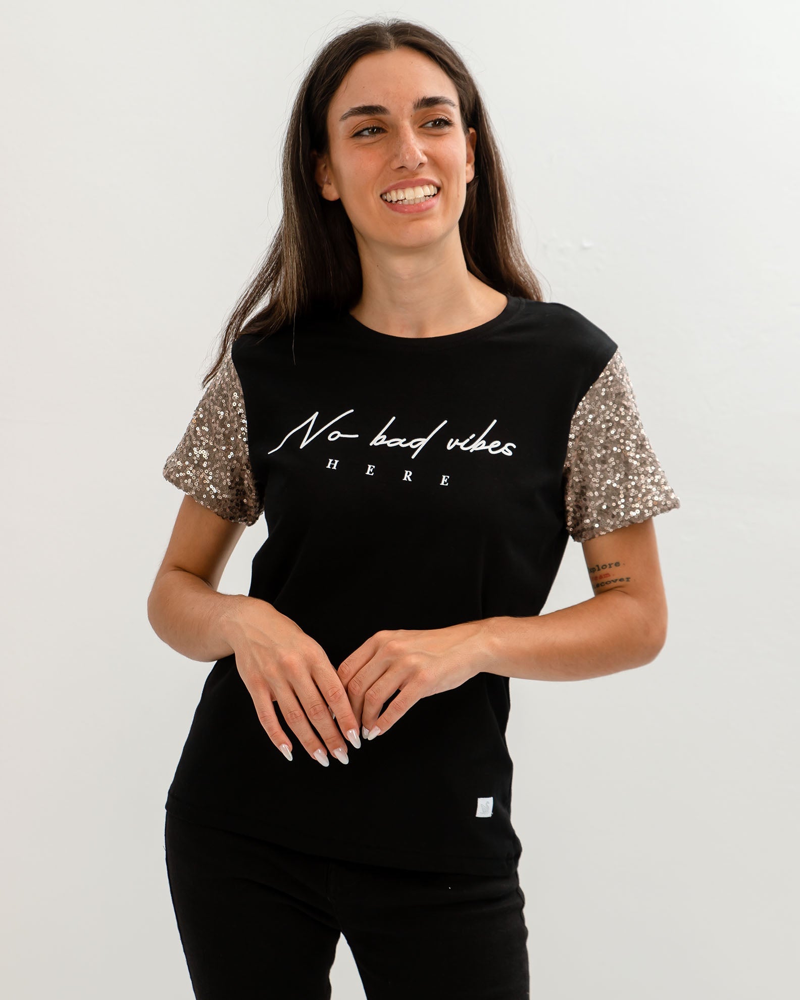 Women's Short Sleeve Blouse with Sequins 'No bad vibes'-BLACK