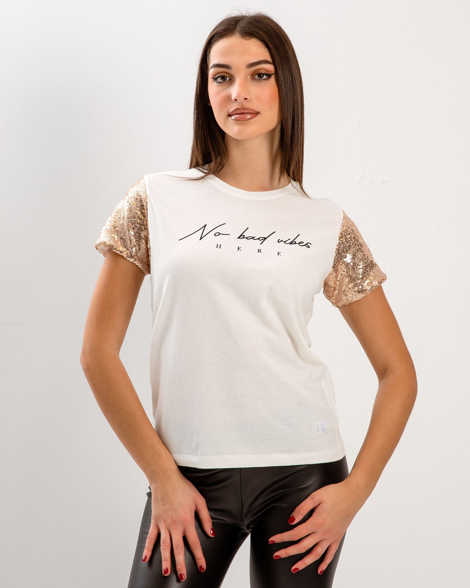 Women's Short Sleeve Blouse with Sequins 'No bad vibes'-OFFWHITE