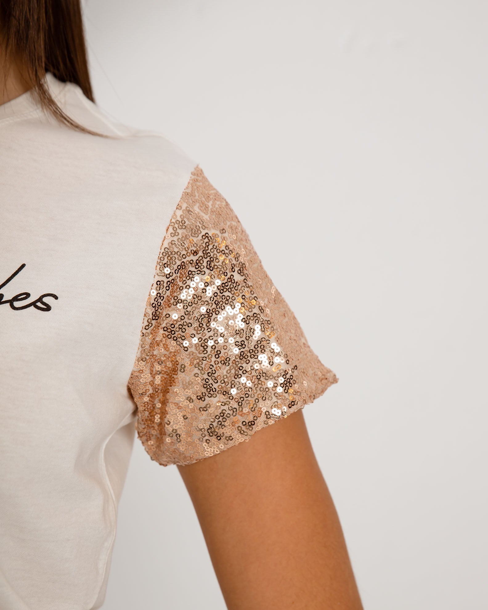 Women's Short Sleeve Blouse with Sequins 'No bad vibes'-OFFWHITE