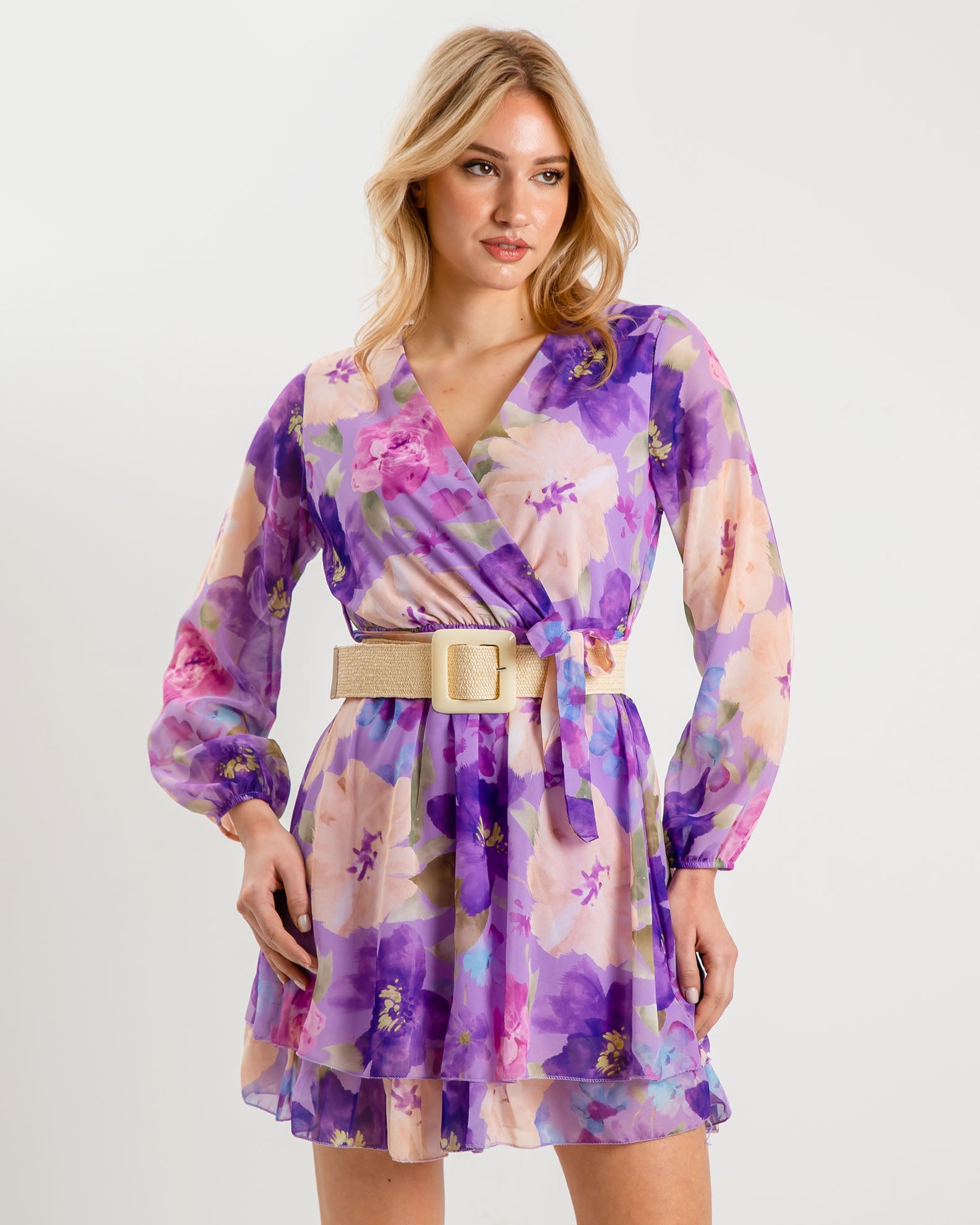 Long sleeve printed dress F-6053-PURPLE