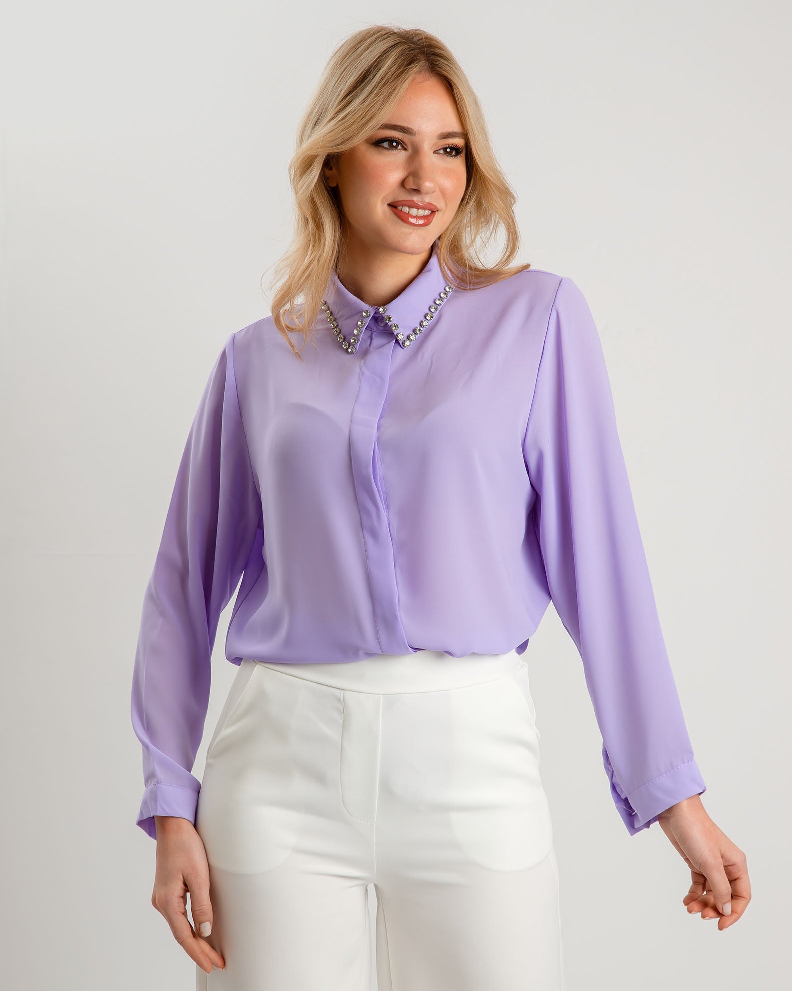 Women's long sleeve rhinestone throw shirt F-95044-LILAC