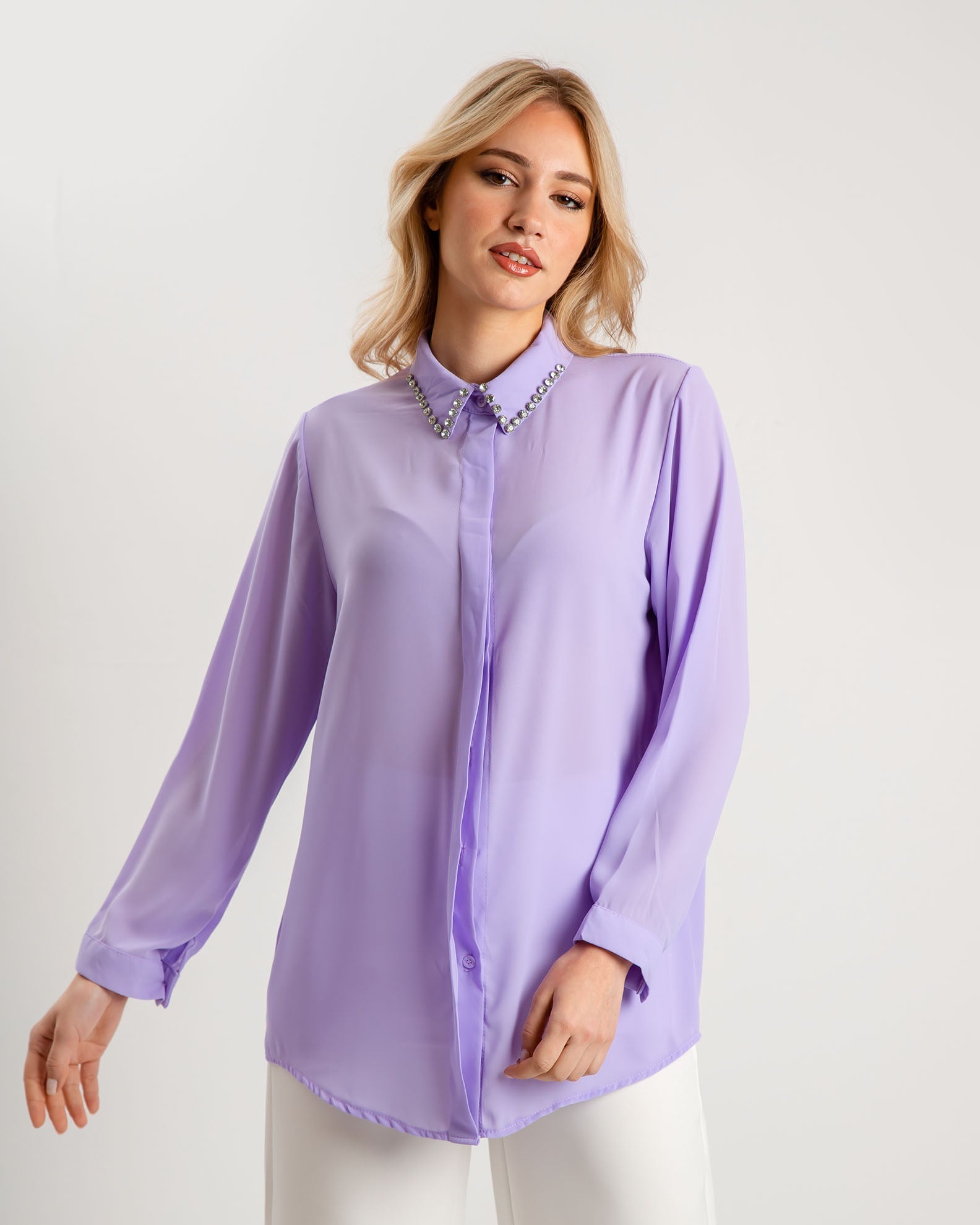 Women's long sleeve rhinestone throw shirt F-95044-LILAC