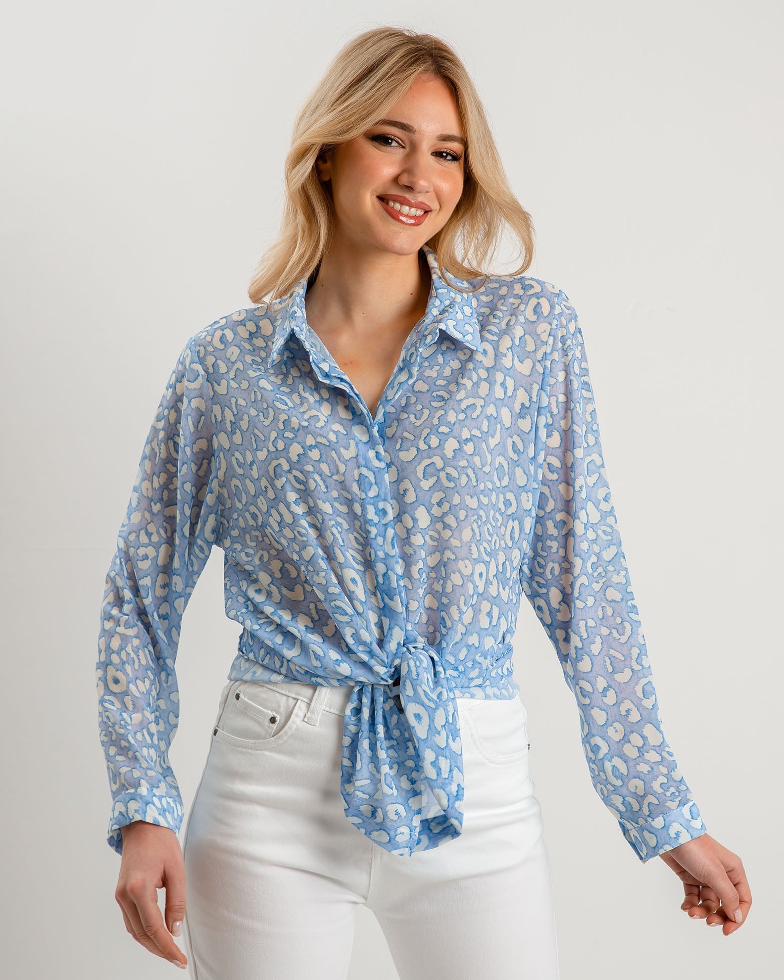 Women's printed shirt with collar F-9504-BLUE LIGHT