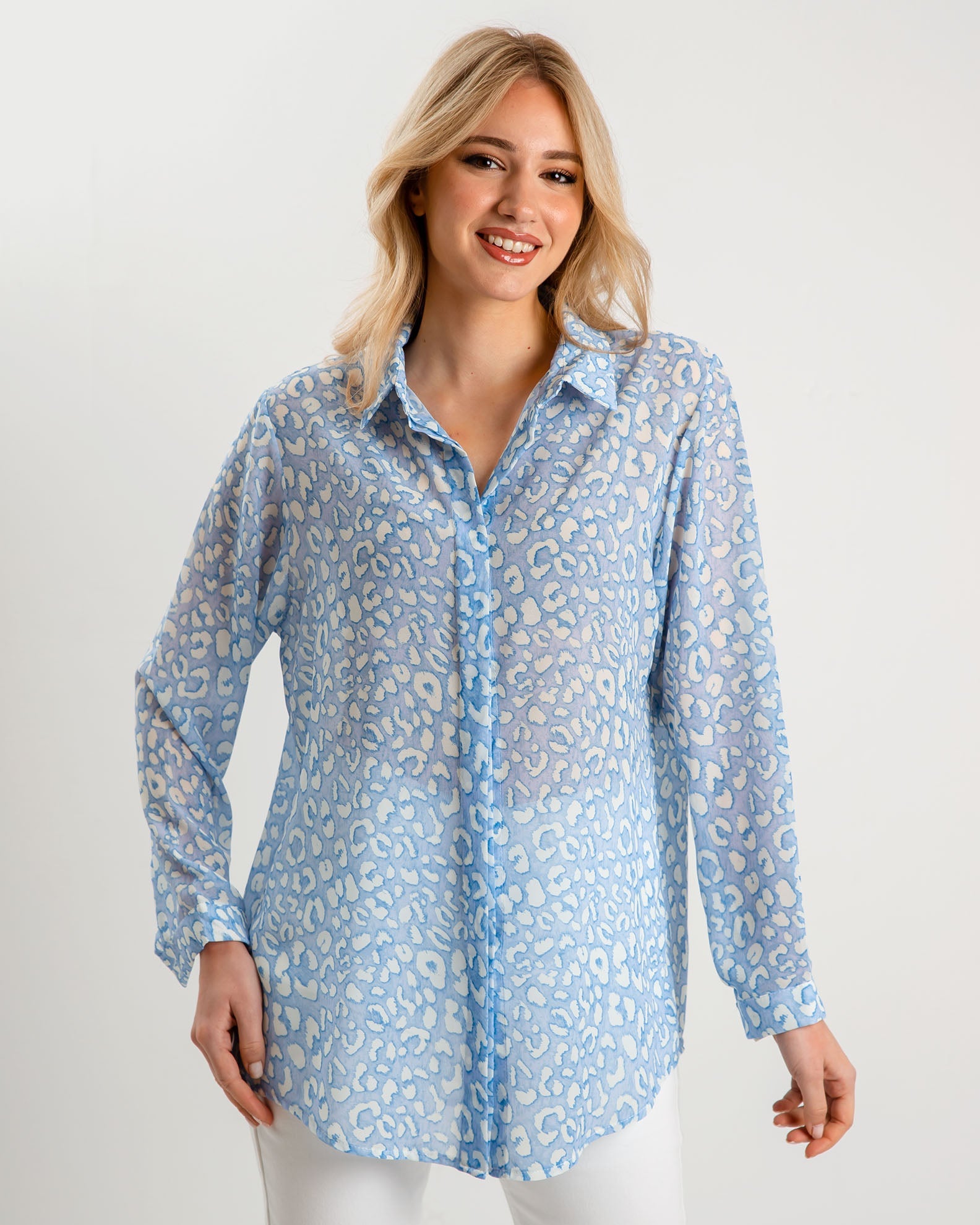 Women's printed shirt with collar F-9504-BLUE LIGHT