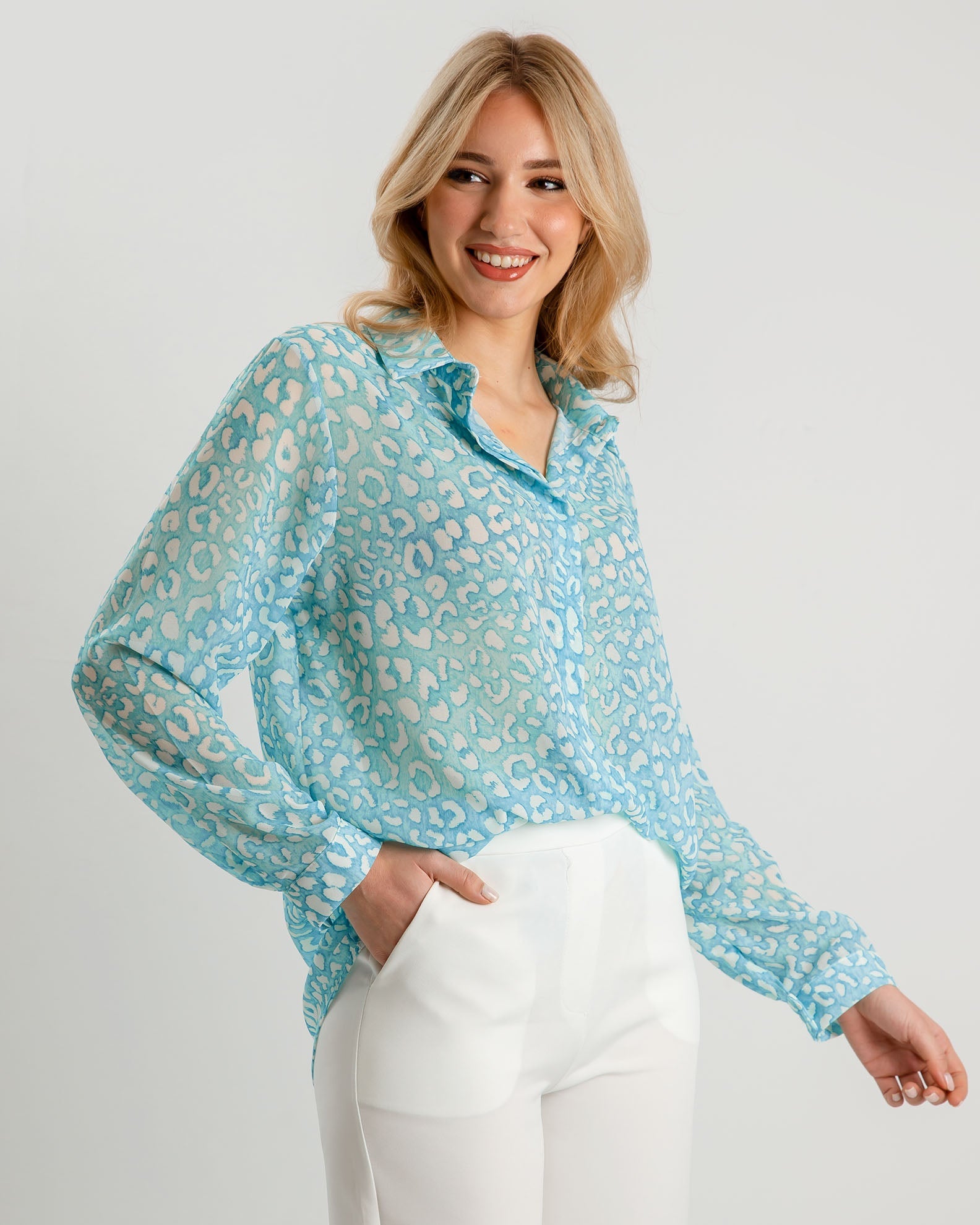 Women's printed collared shirt F-9504-JADE