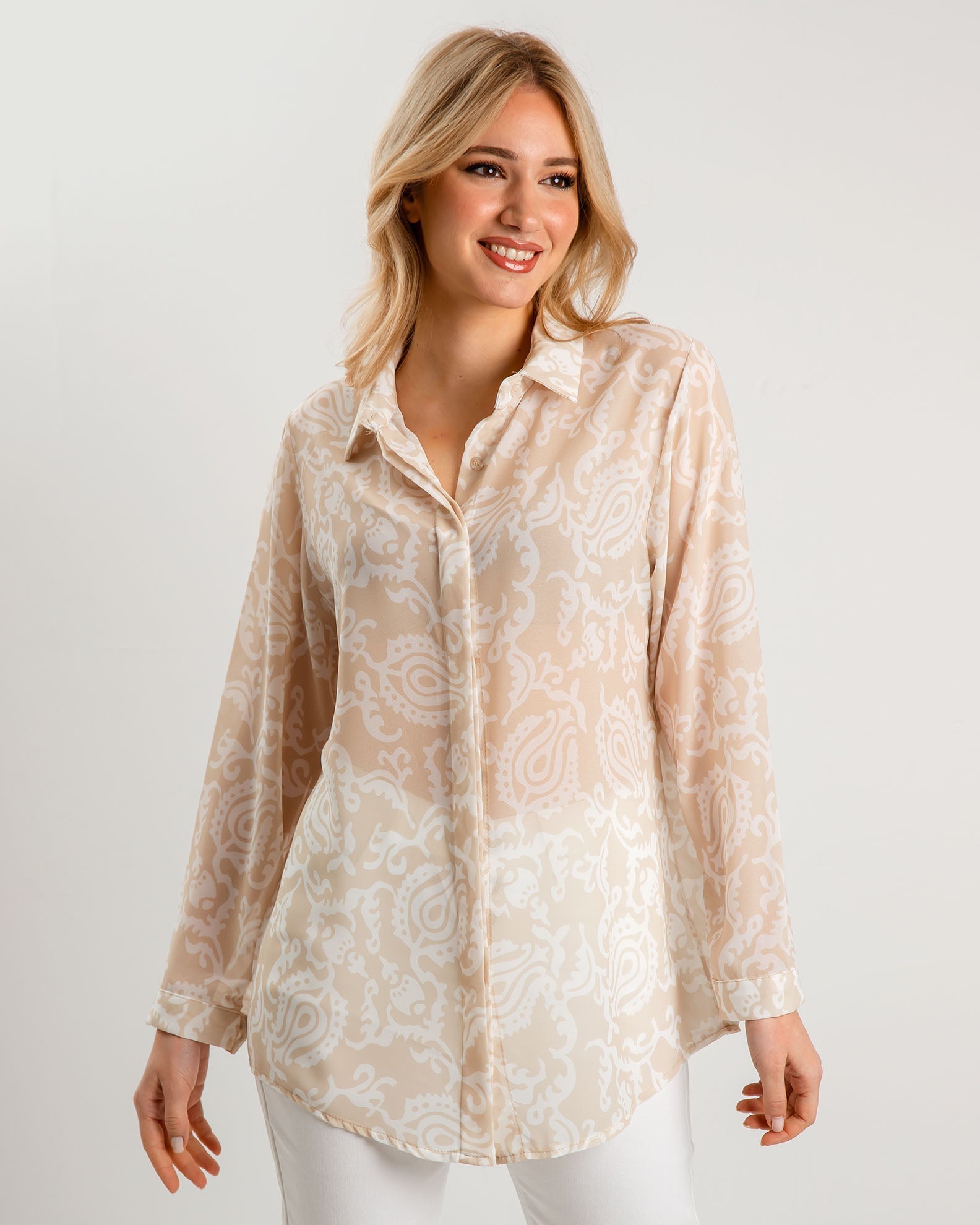 Women's printed shirt with collar F-9504-BEIGE