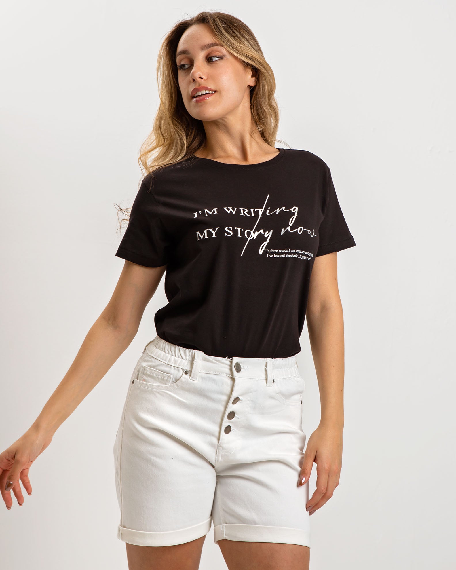 Women's short-sleeved white blouse with 'Story' print-BLACK