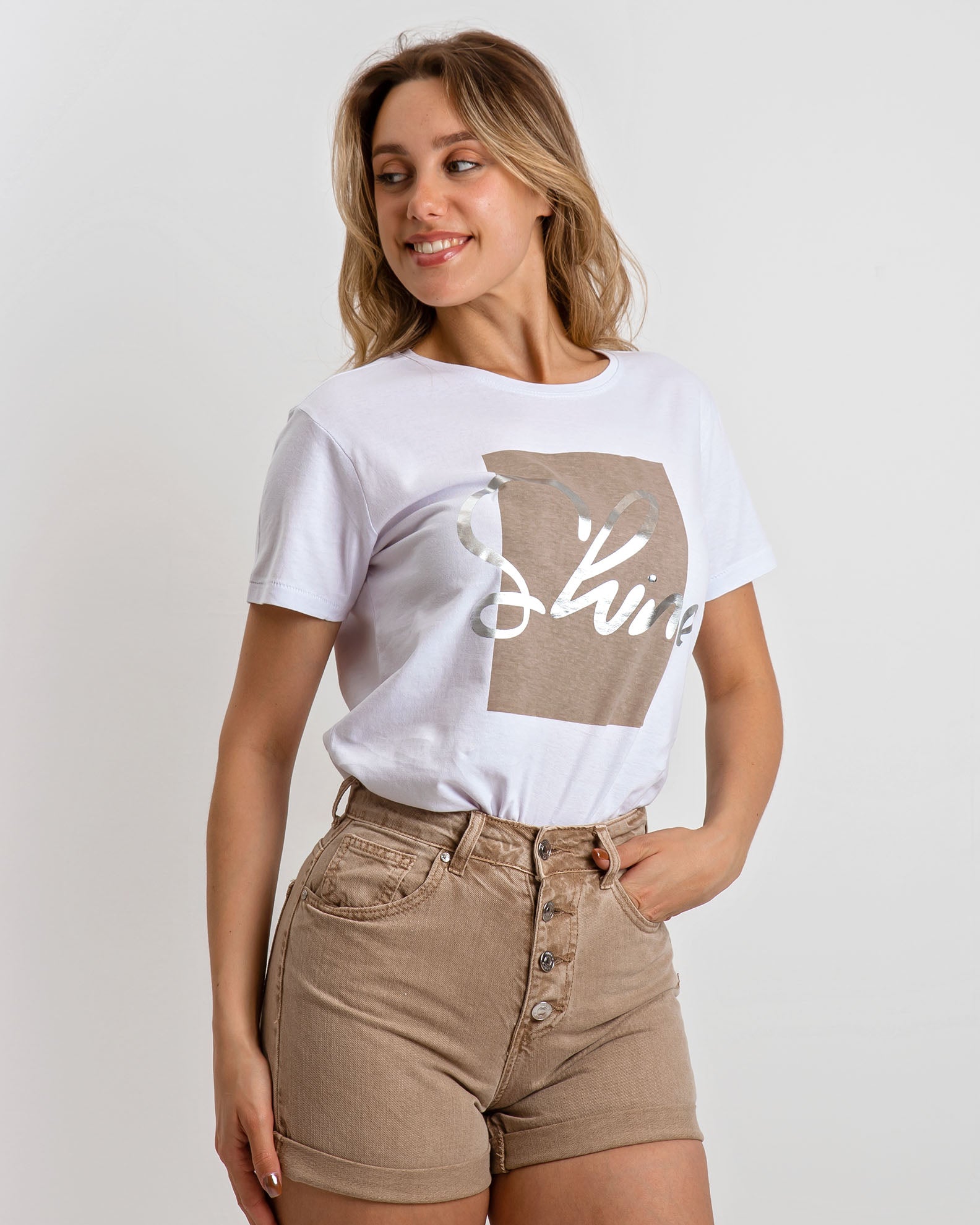 Women's short-sleeved white blouse with 'Shine' print-WHITE