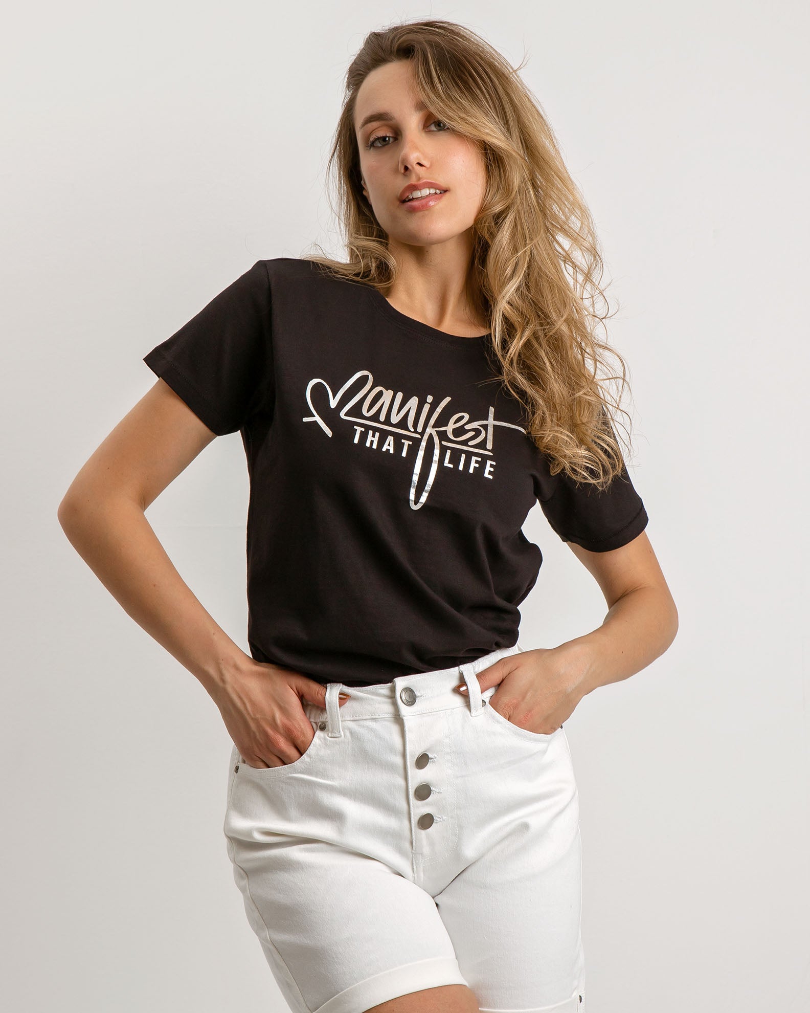 Women's short-sleeved white blouse with 'Manifest' print-BLACK