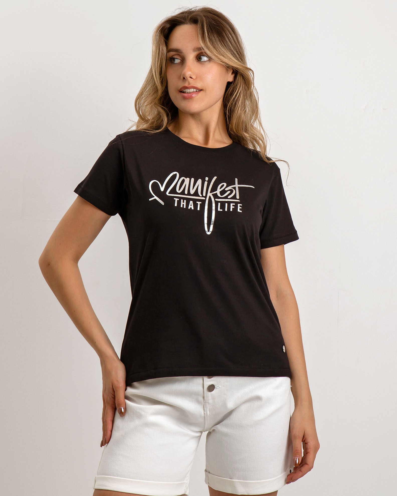 Women's short-sleeved white blouse with 'Manifest' print-BLACK