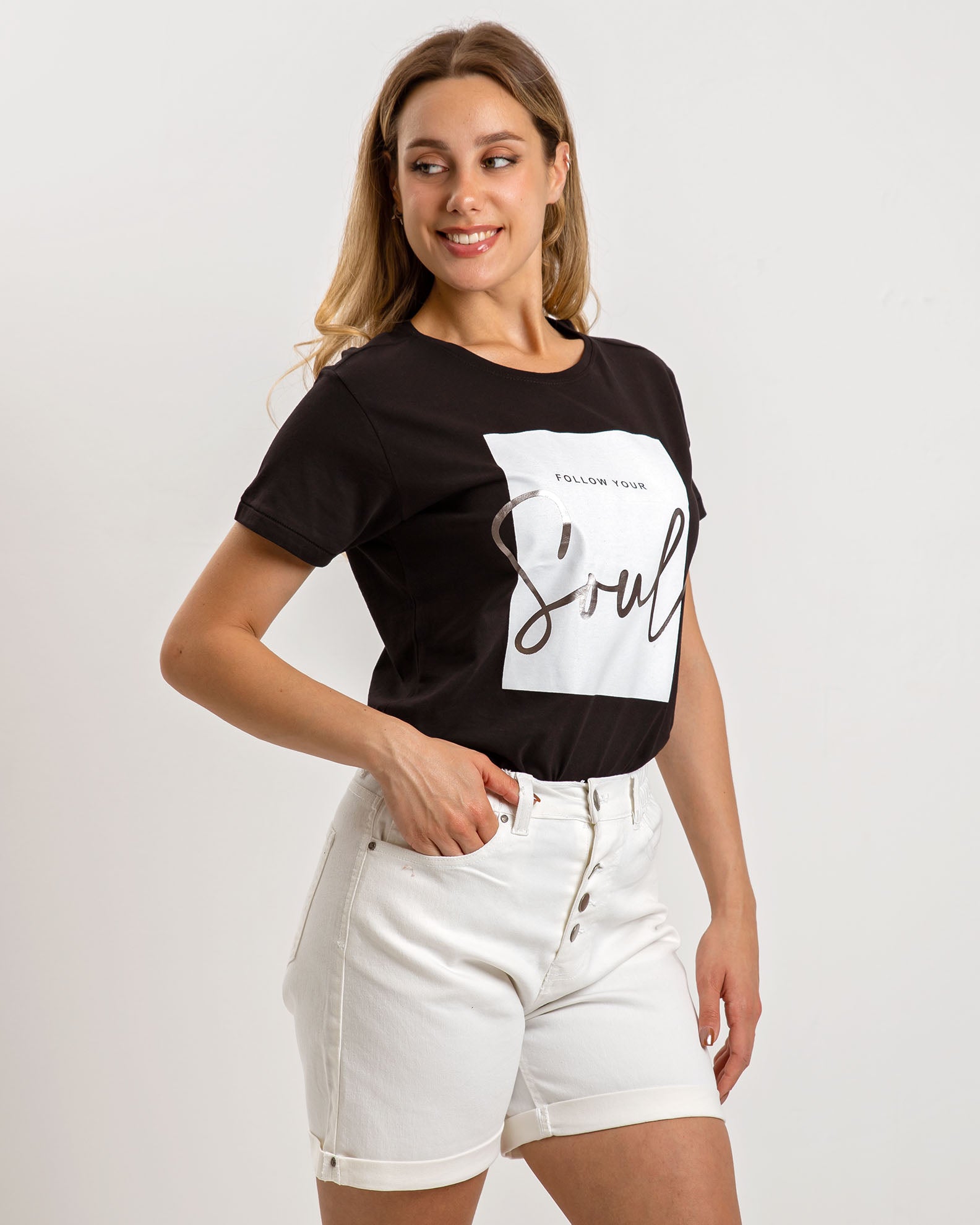 Women's short-sleeved top with 'Soul' print-BLACK