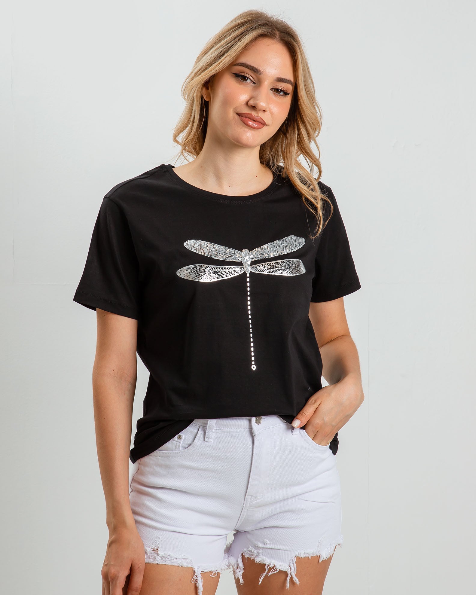 Women's short-sleeved blouse with rhinestones 'Dragonfly'-BLACK