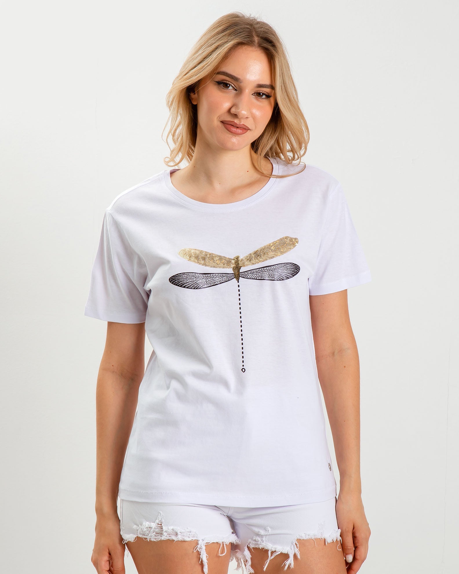 Women's short-sleeved blouse with rhinestones 'Dragonfly'-WHITE