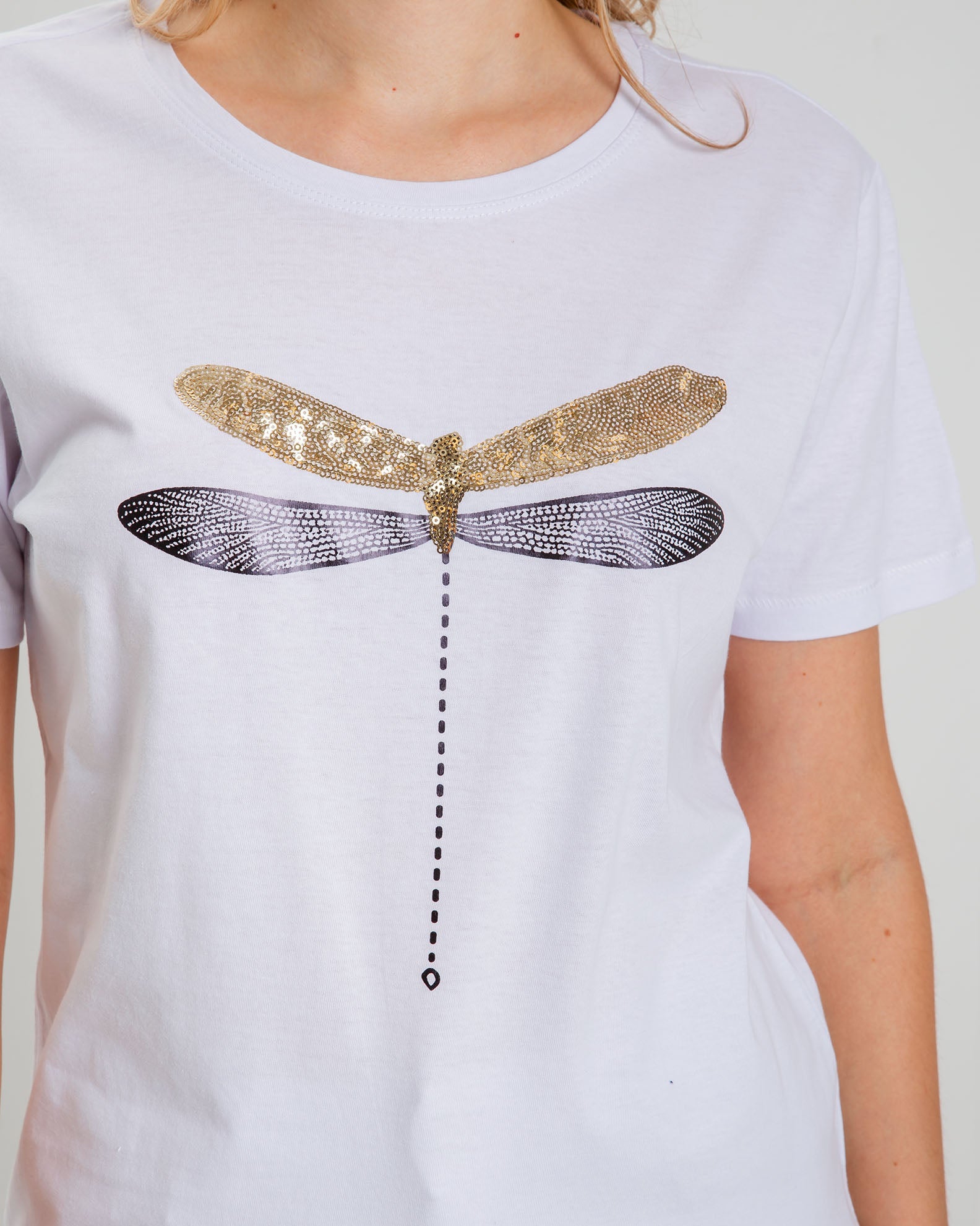 Women's short-sleeved blouse with rhinestones 'Dragonfly'-WHITE