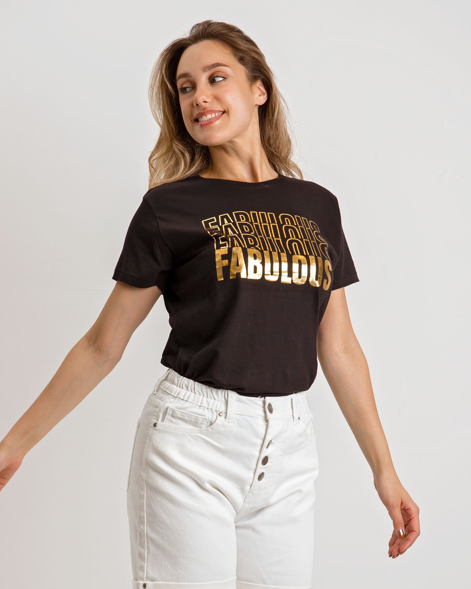 Women's short-sleeved blouse with 'Fabulous' print-BLACK