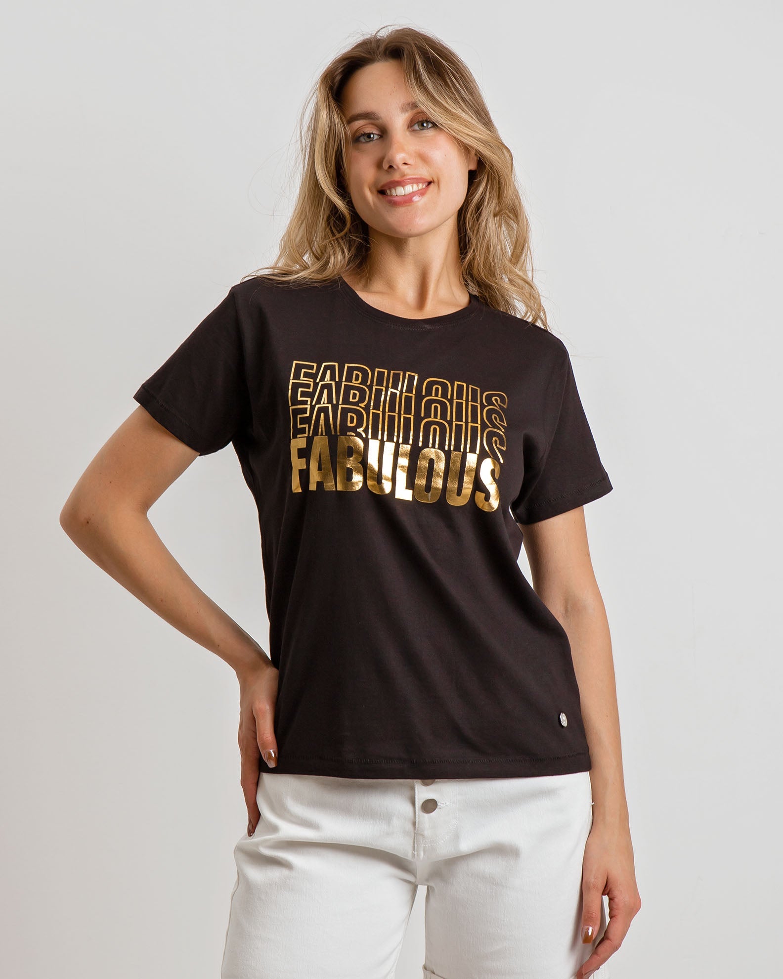 Women's short-sleeved blouse with 'Fabulous' print-BLACK