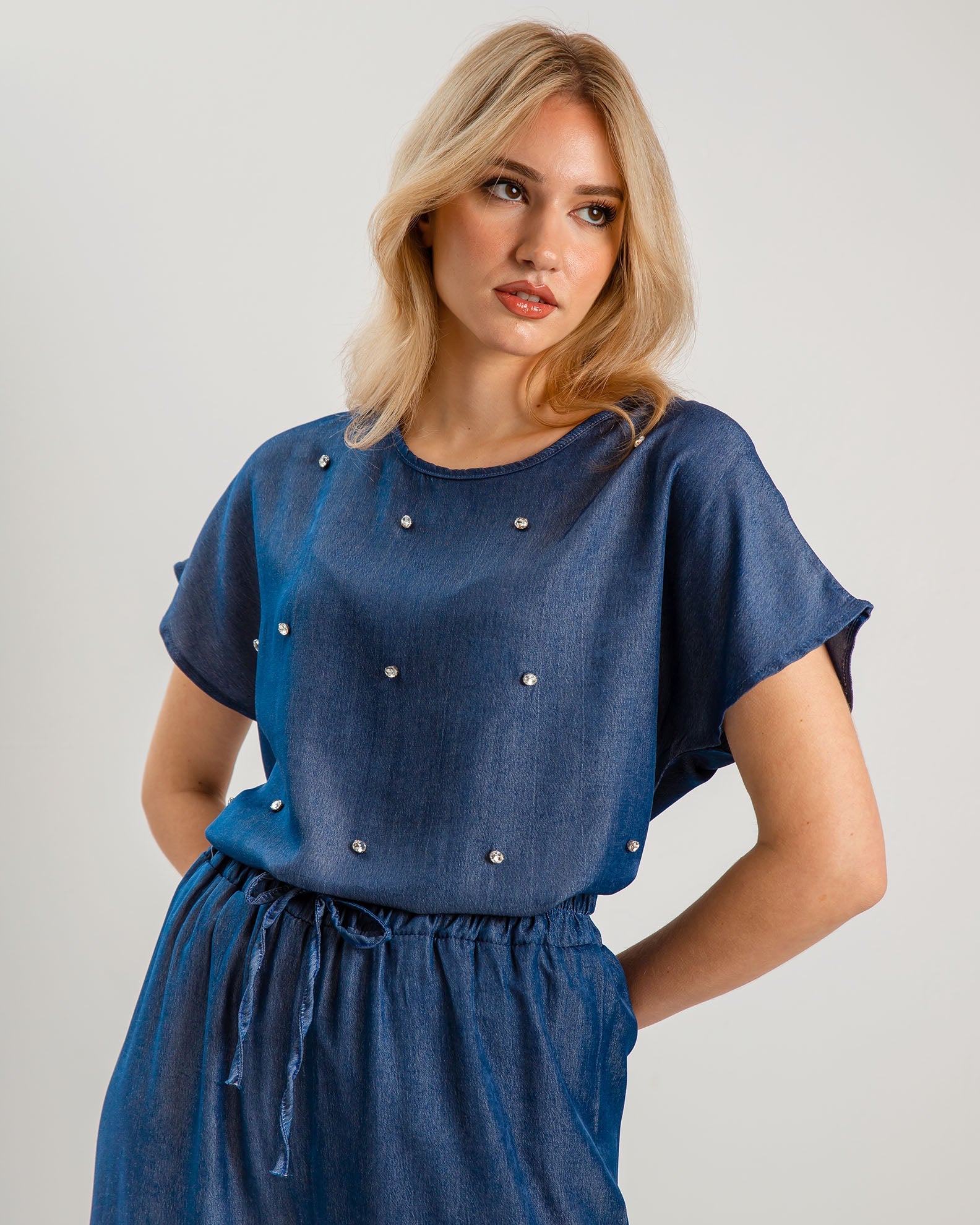 Women's loose short sleeve blouse with rhinestones F-6269-BLUE DENIM